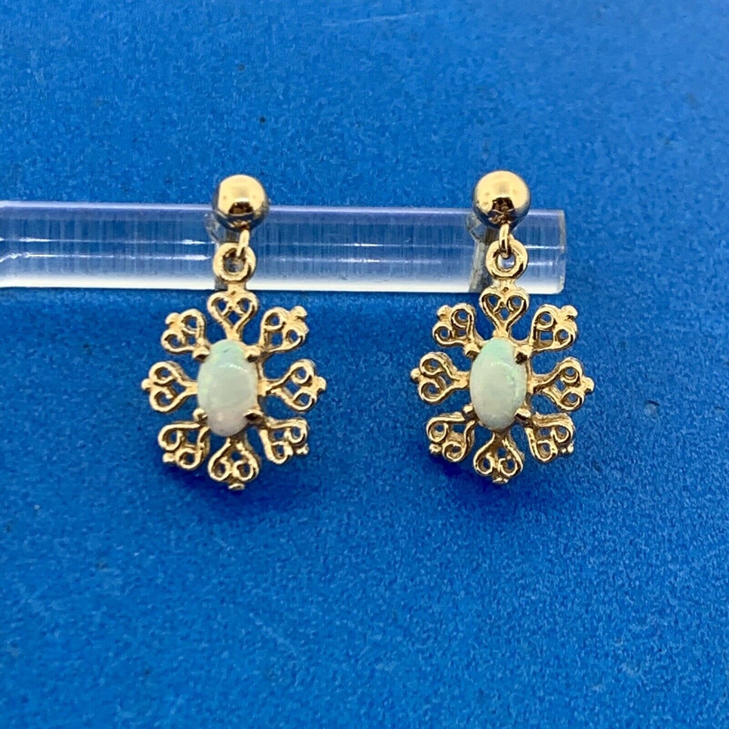 Designer 14K Yellow Gold Oval Opal Filigree Snowflake Dangle Stud Earrings