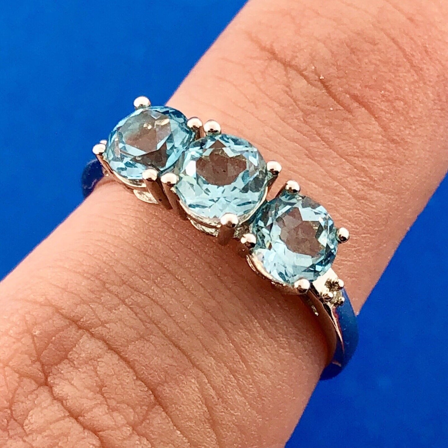 Designer 10K White Gold Blue Topaz Diamond Engagement Birthstone Cocktail Ring