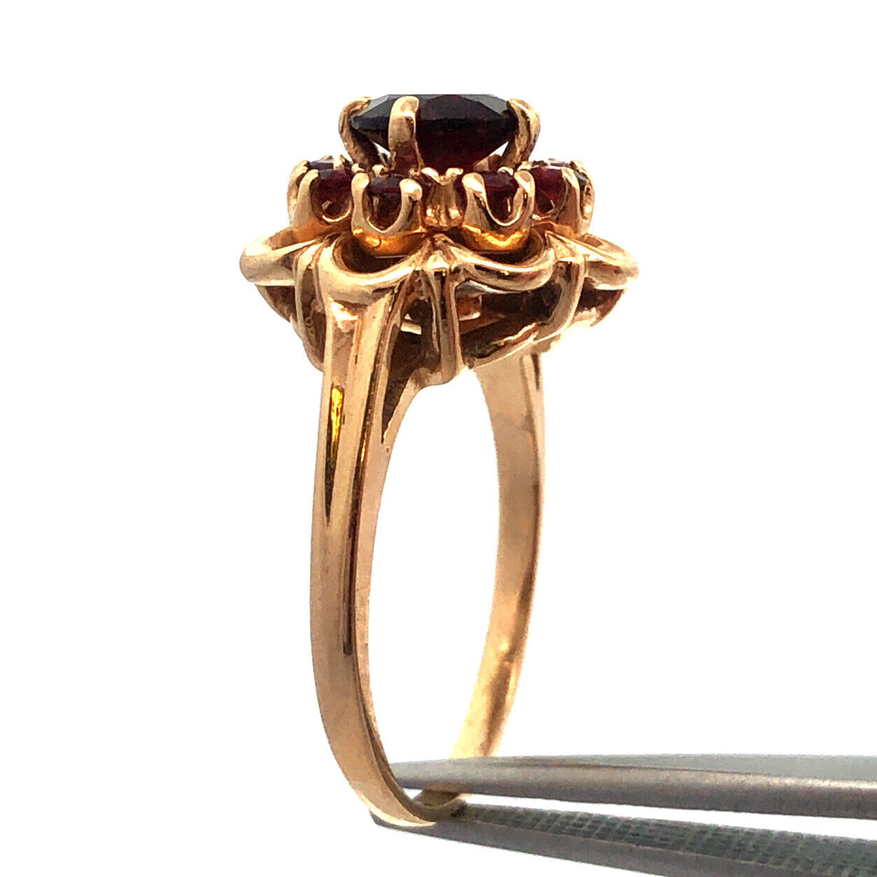 Vintage 10K Yellow Gold Garnet Flower Cluster Engagement January Cocktail Ring