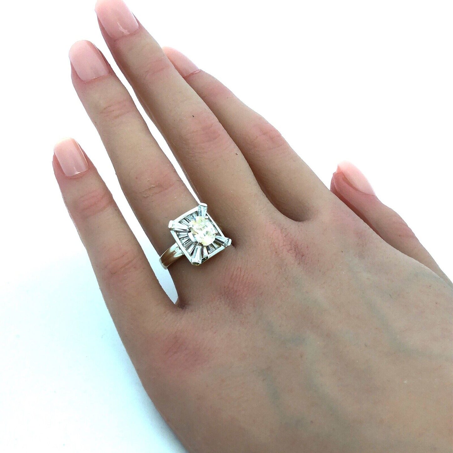 Designer PI 14K White Gold Oval Cubic Zirconia CZ Rectangle Engagement Ring