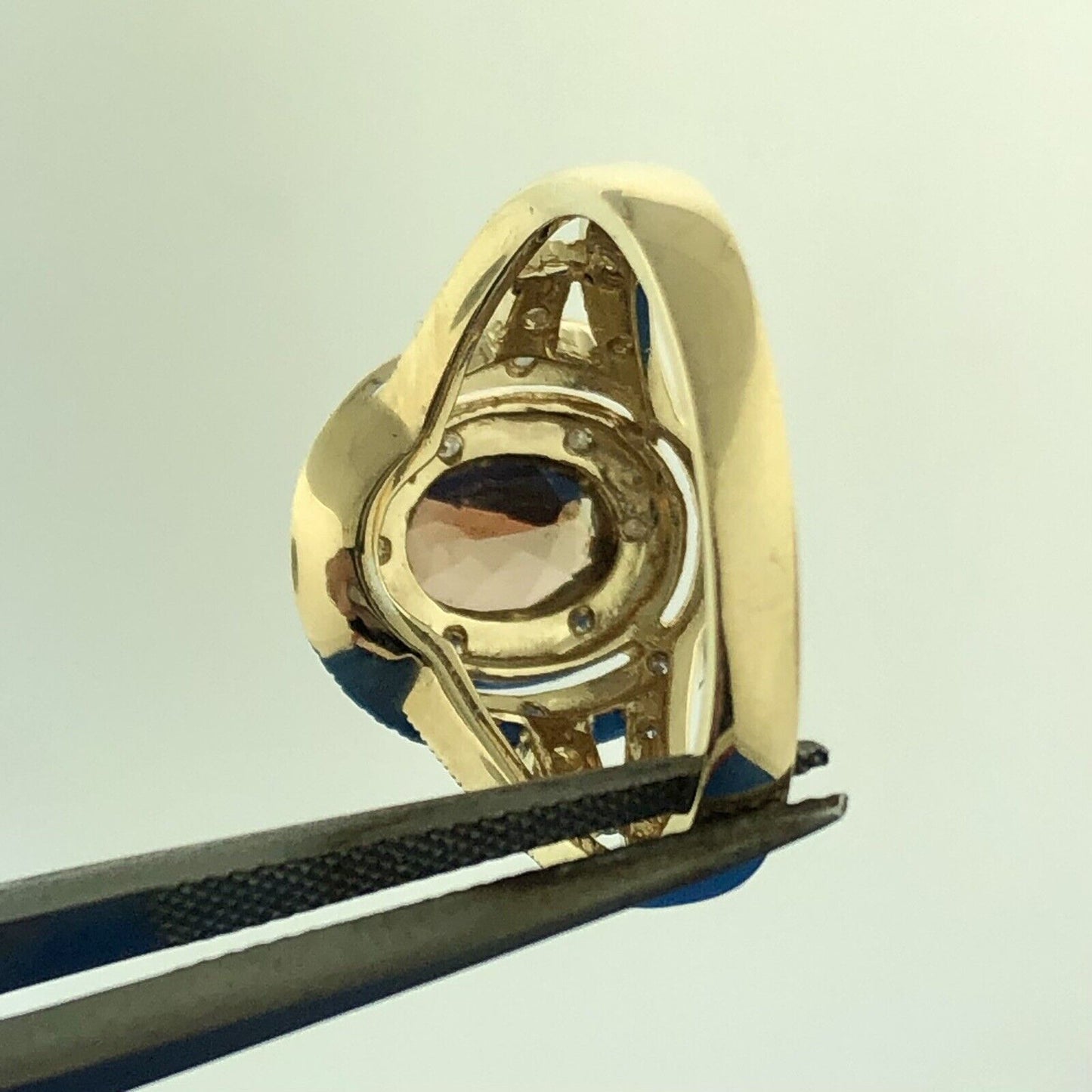 Designer DYACH 14K Yellow Gold Oval Smoky Quartz Diamond Double Halo Ring