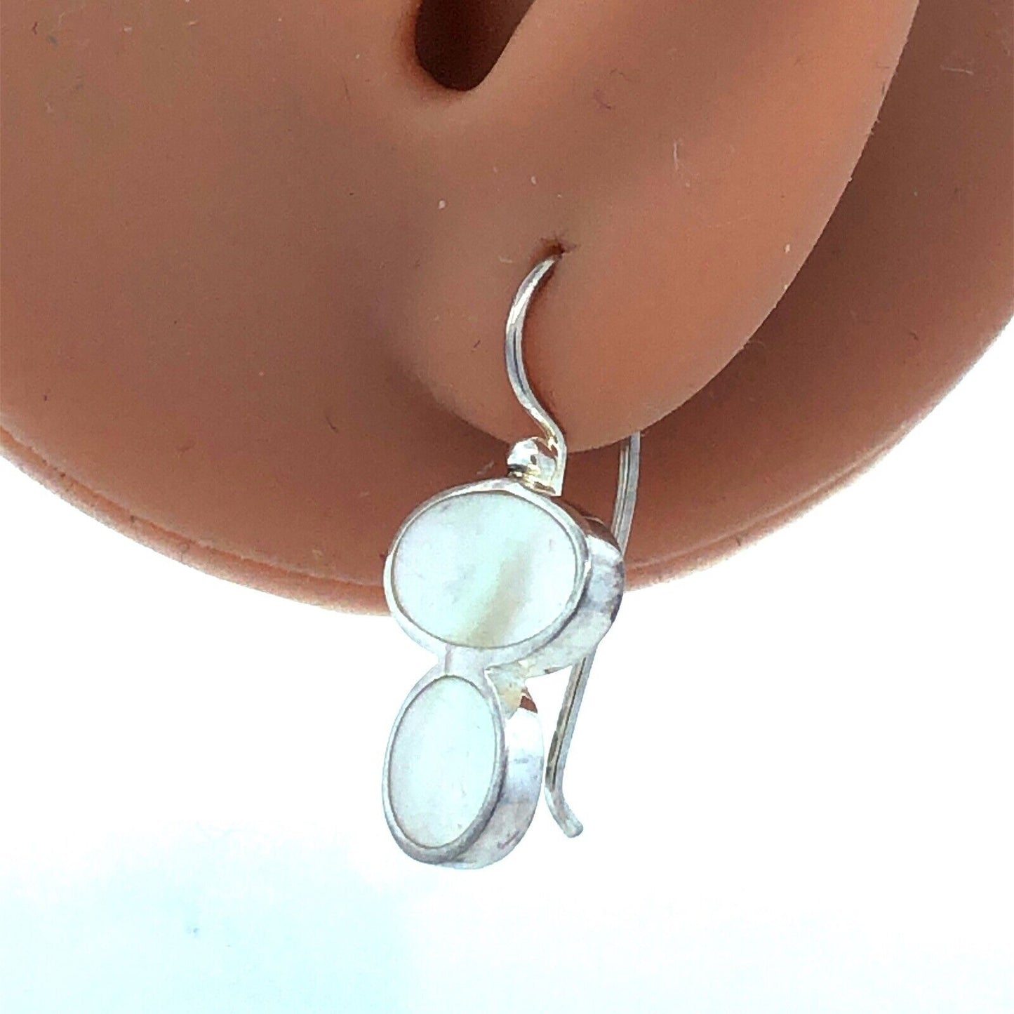 Designer SJ 925 Sterling Silver Oval Round Mother of Pearl Hook Earrings