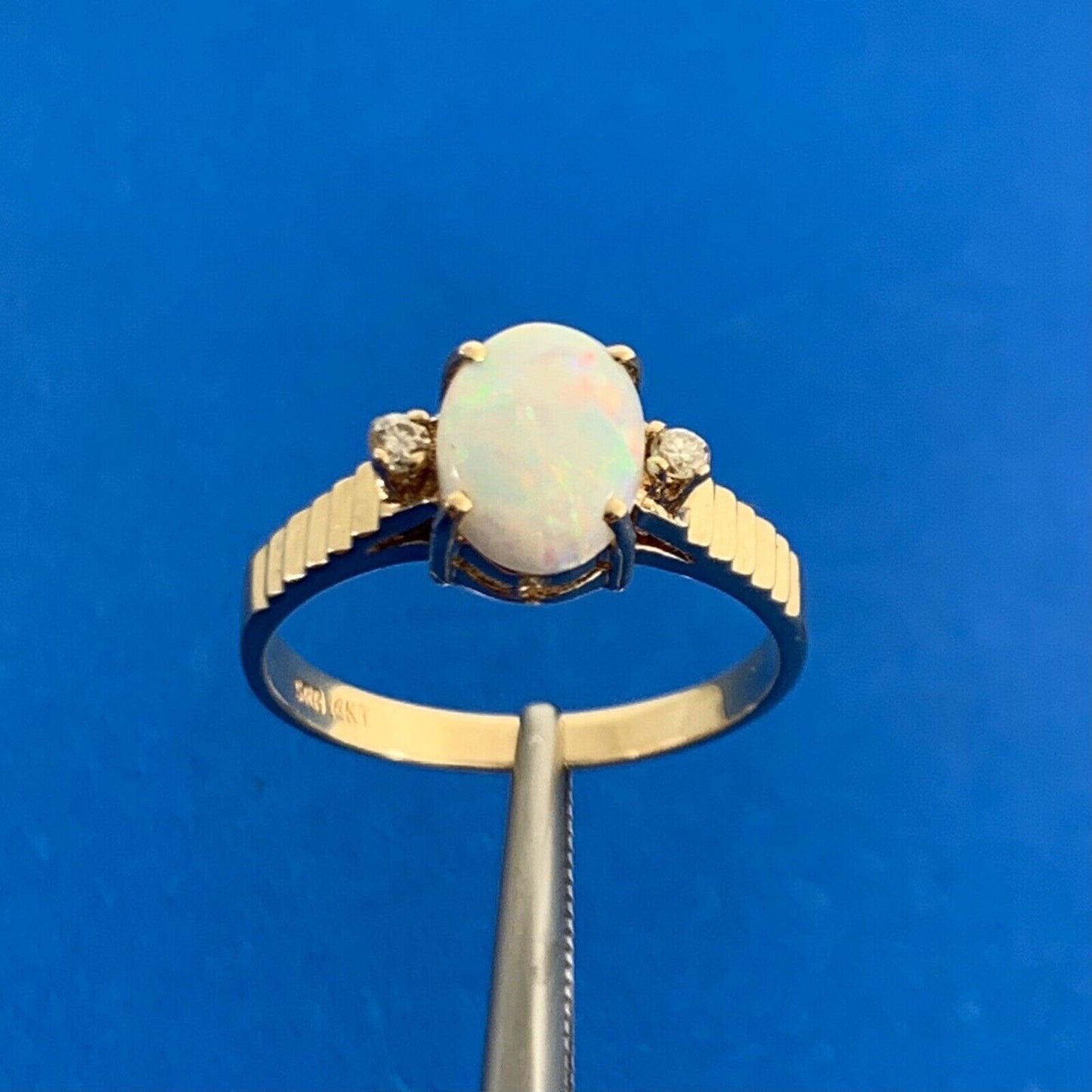 Designer SRB 14K Yellow Gold Oval Opal Diamond Accents Cocktail Ring