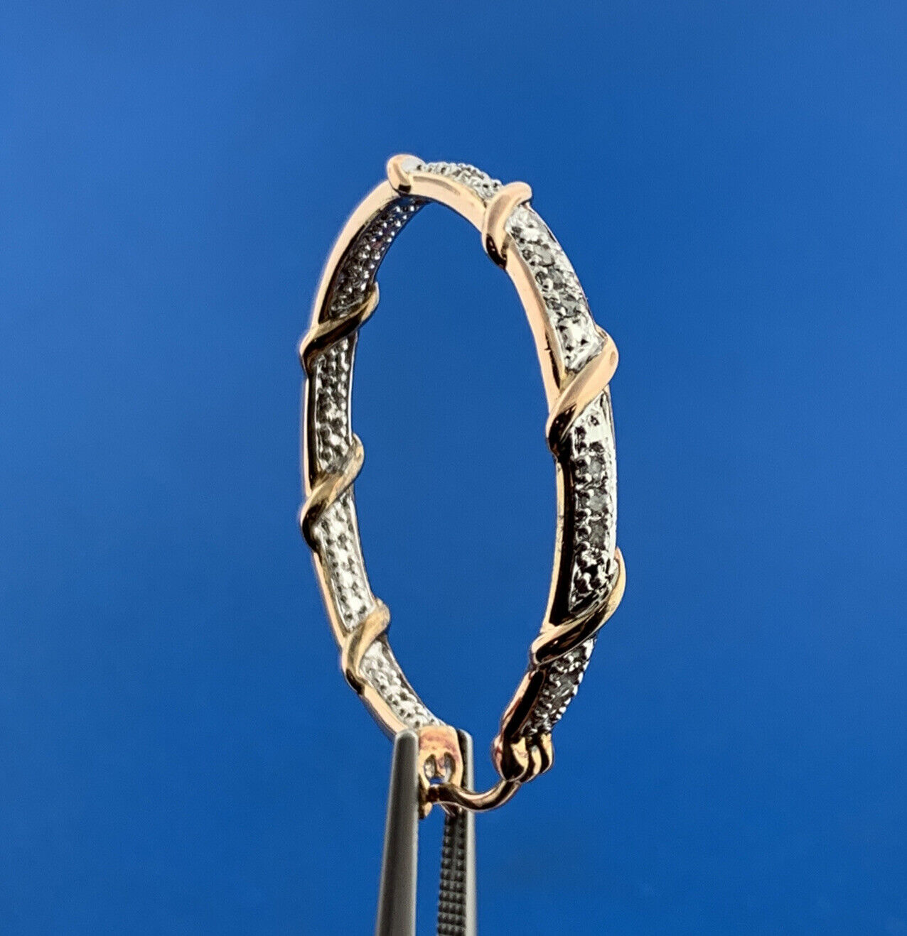 Designer 925 Sterling Silver Rose Toned Diamond Inside Outside Hoop Earrings