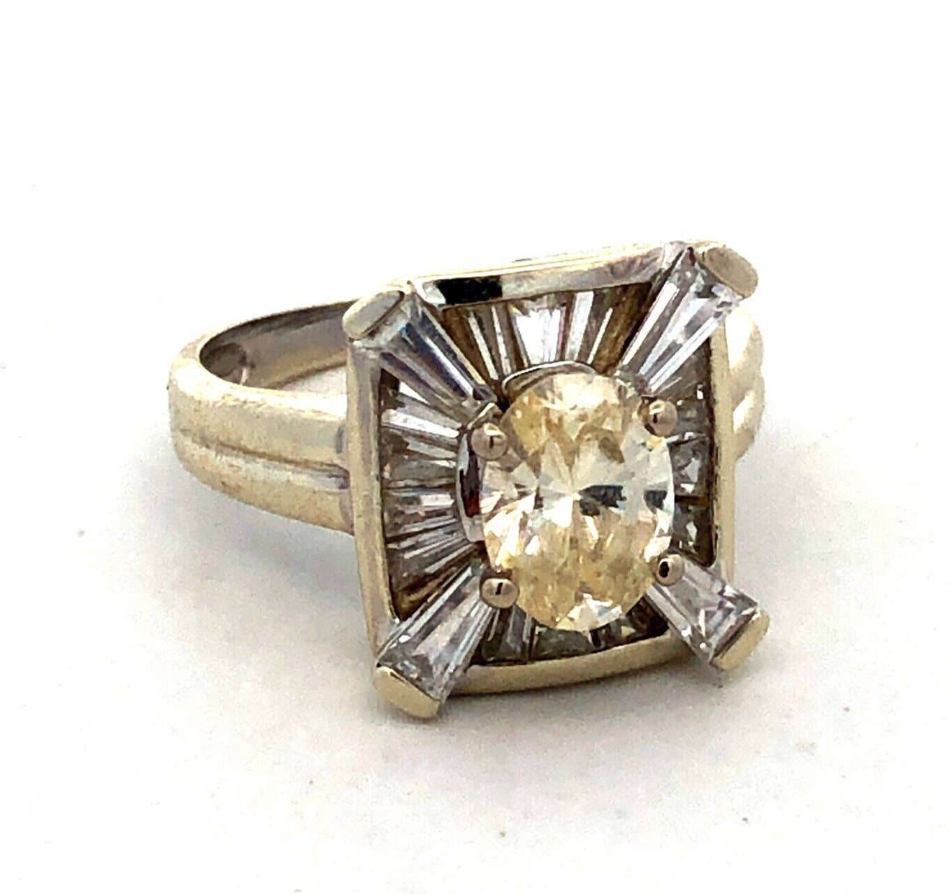 Designer PI 14K White Gold Oval Cubic Zirconia CZ Rectangle Engagement Ring