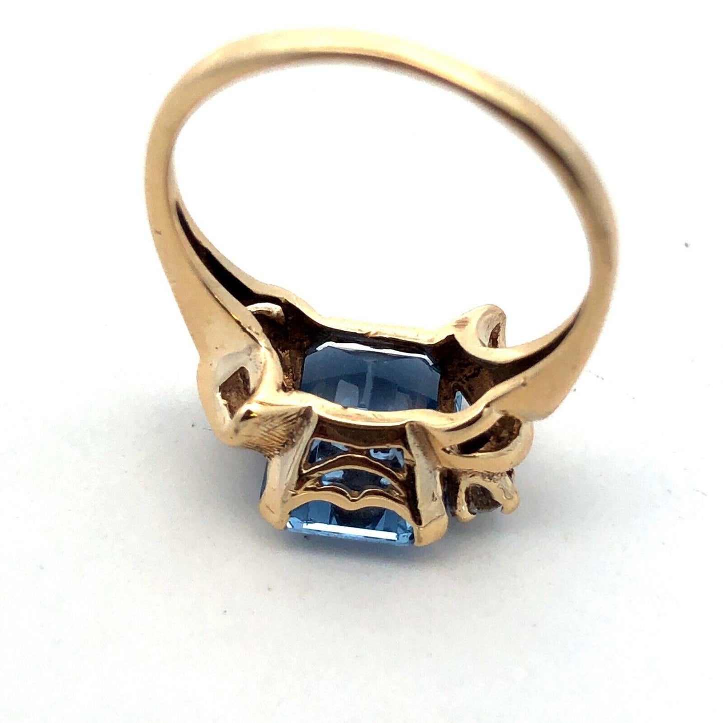 Designer 10K Yellow Gold Emerald Cut Blue Spinel Diamond Engagement Ring