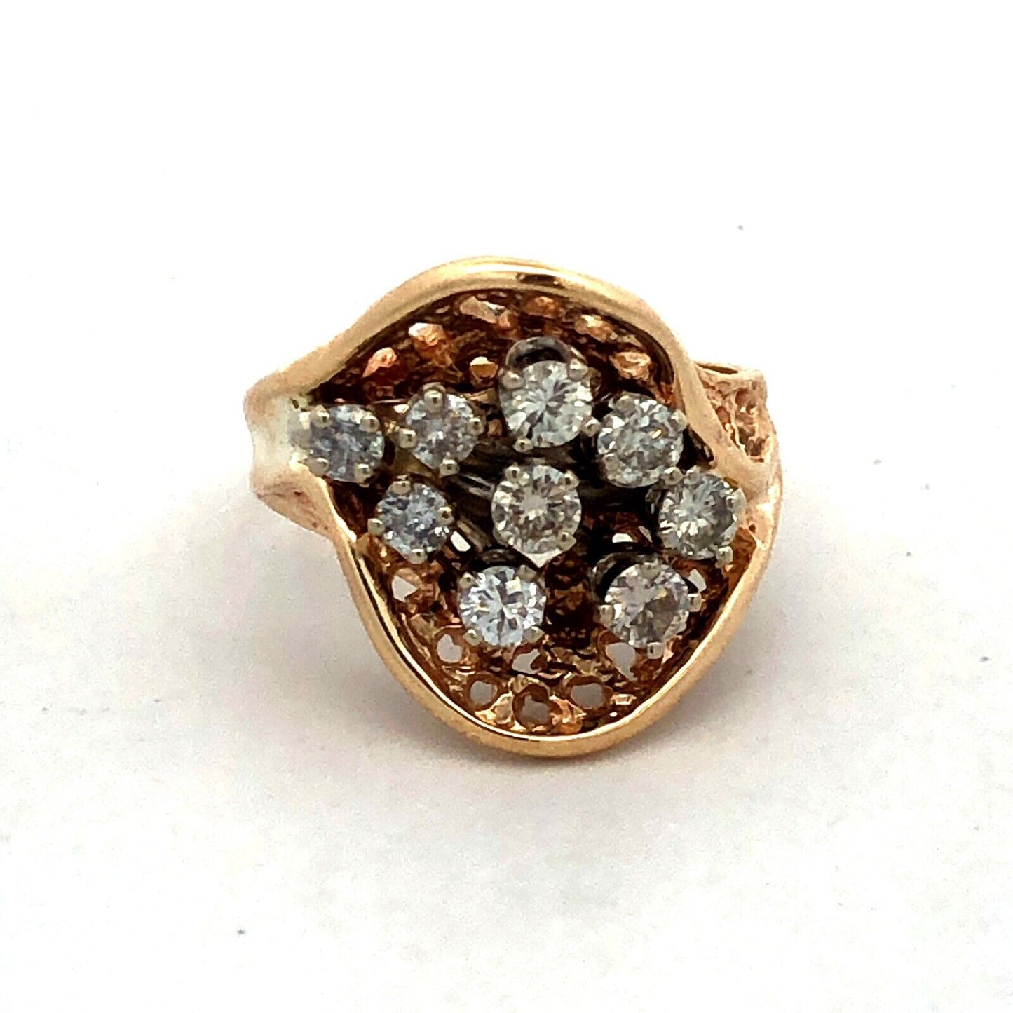 Estate 14K Yellow Gold Round Diamond Cluster Nugget Statement Ring