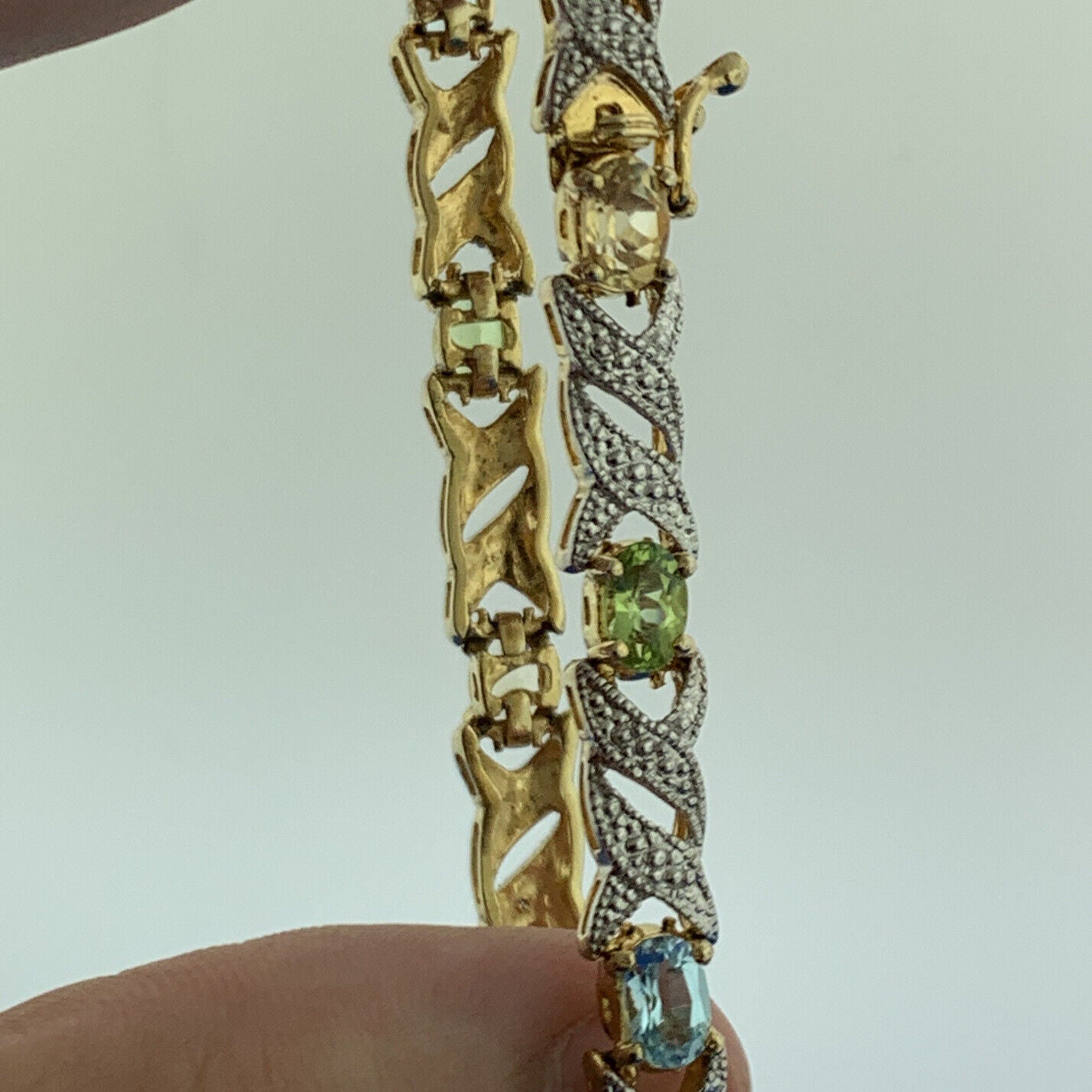 FAS 925 Sterling Silver Vermeil Diamond Oval Multi Gemstone X O Tennis Bracelet
