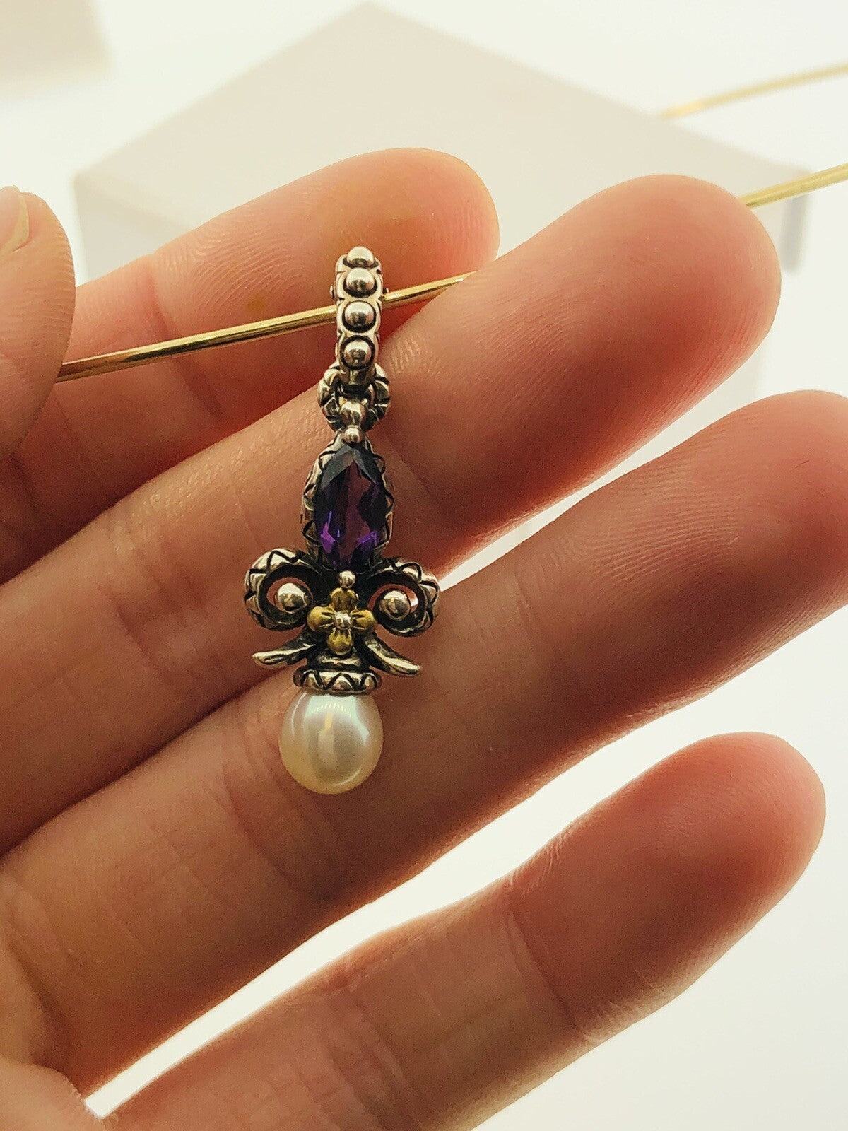 Barbara Bixby 18K Gold Sterling Silver Pearl Amethyst Drop Enhancer Pendant S173