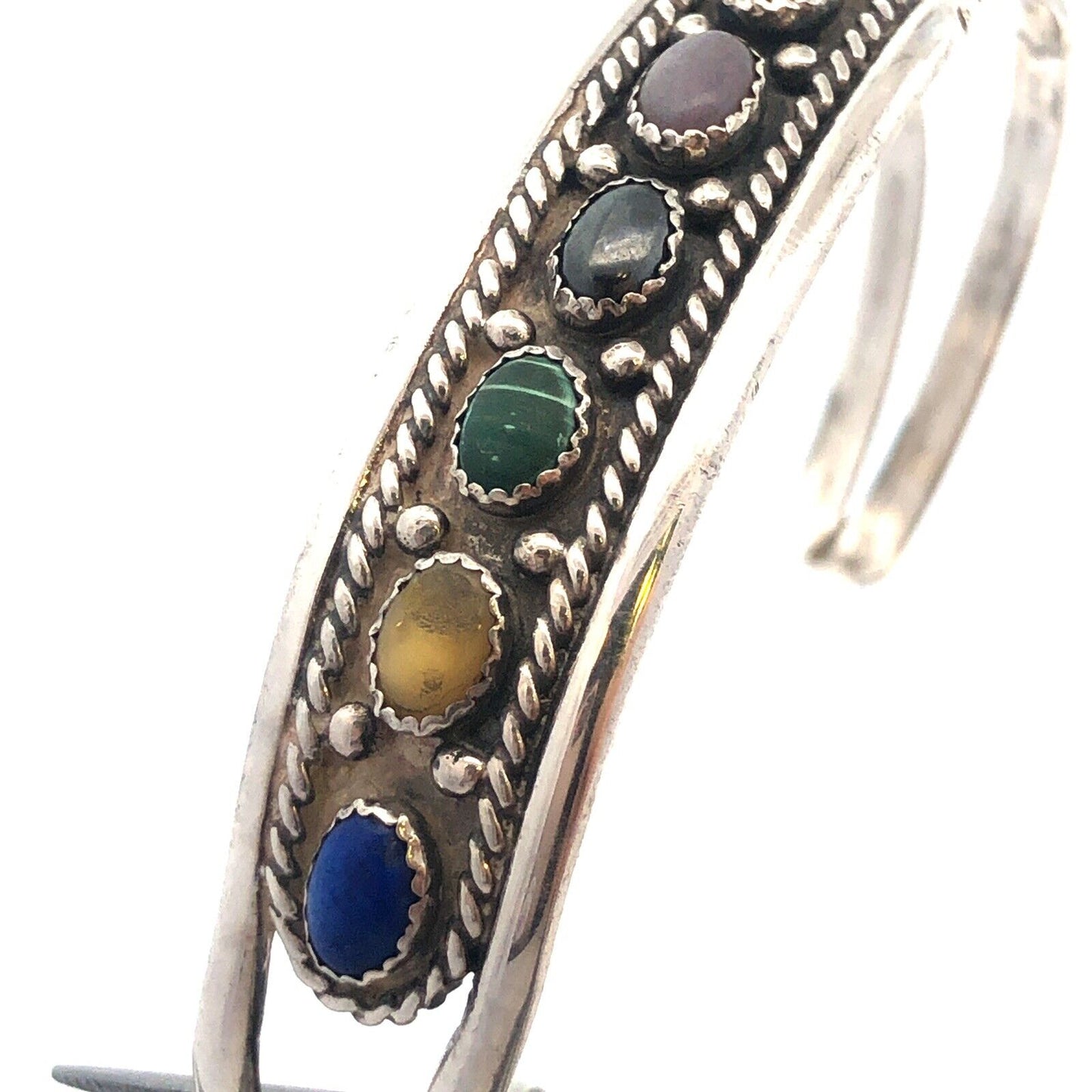 Vintage Signed Old Pawn Native American Oval Mixed Gemstone Open Cuff Bracelet