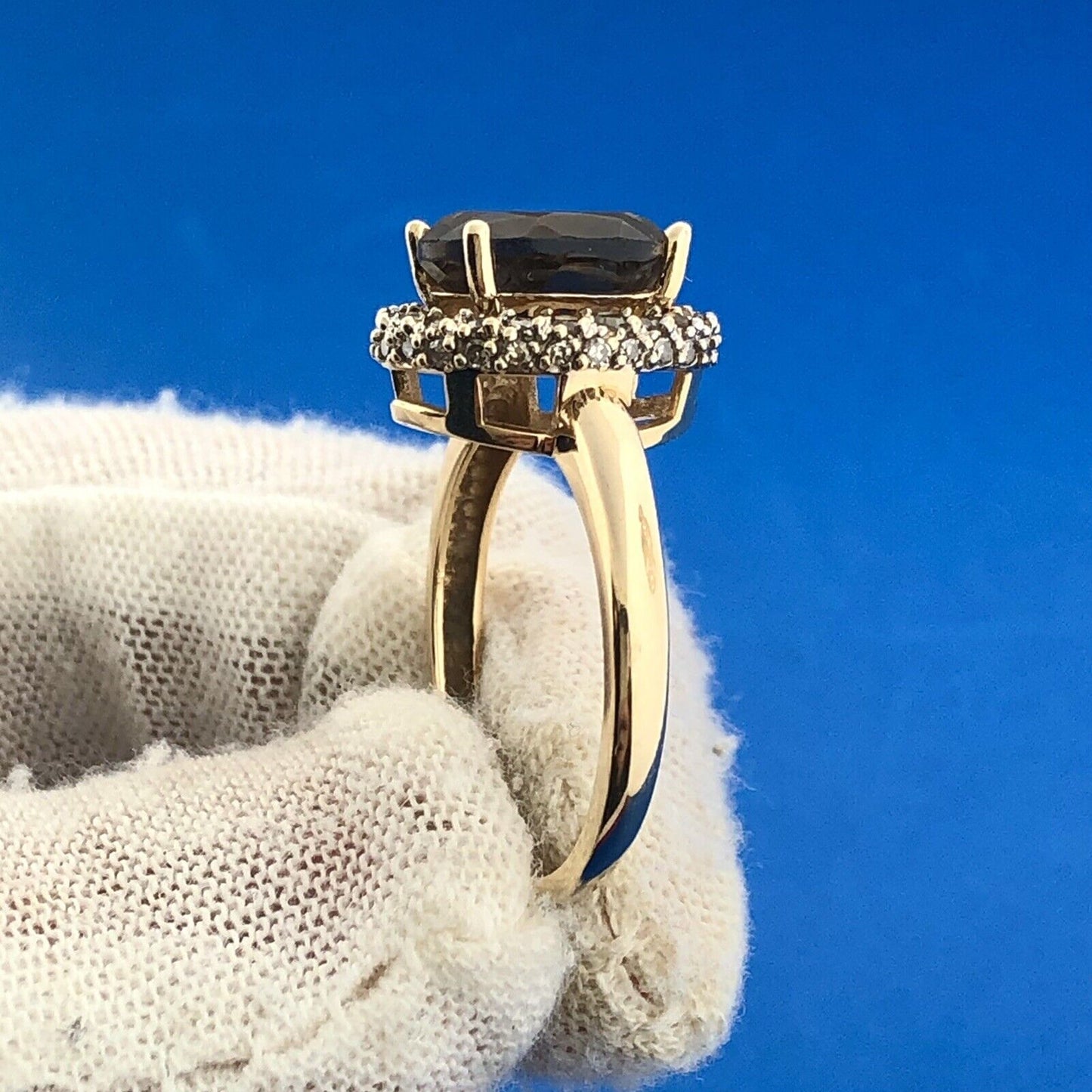 Retro Designer 14K Yellow Gold Oval Smoky Quartz Diamond Halo Cocktail Ring