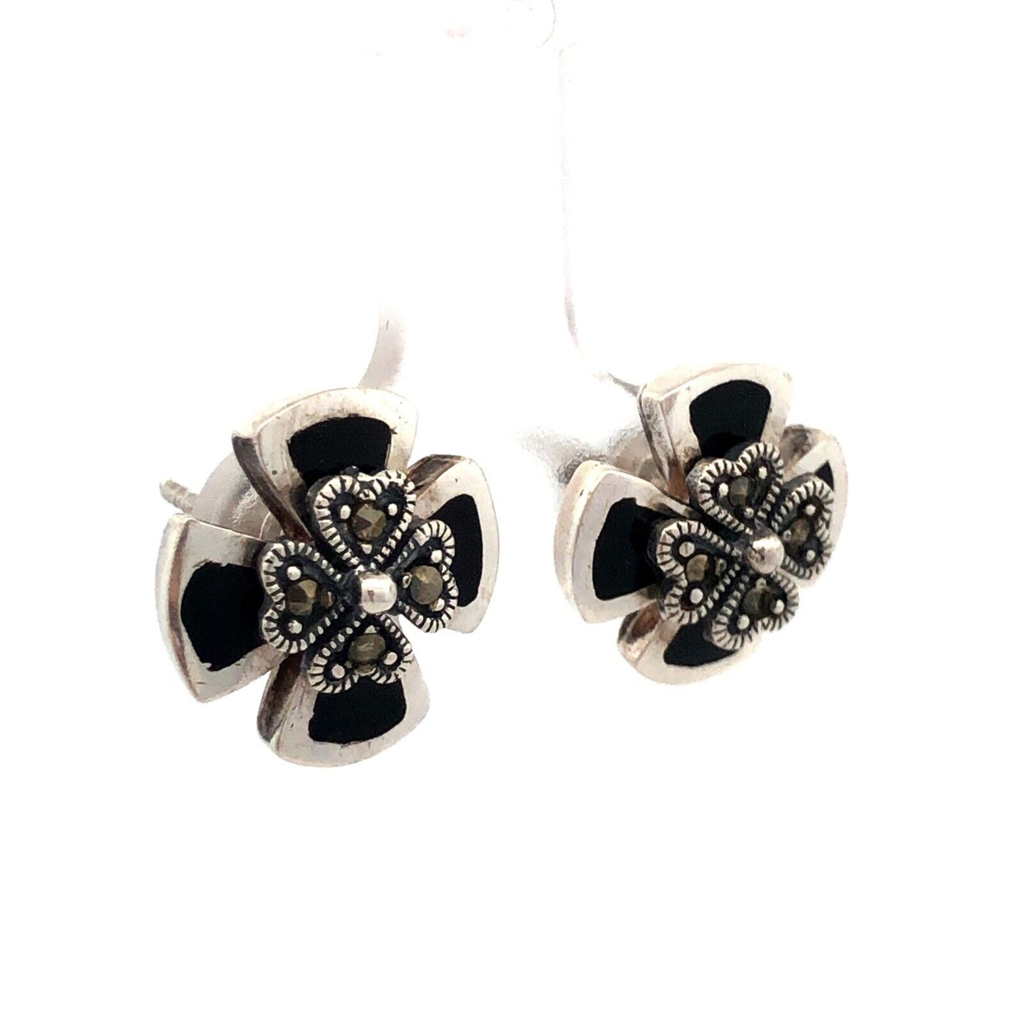 Estate Sterling Silver Black Onyx Inlay Marcasite 4 Leaf Clover Stud Earrings