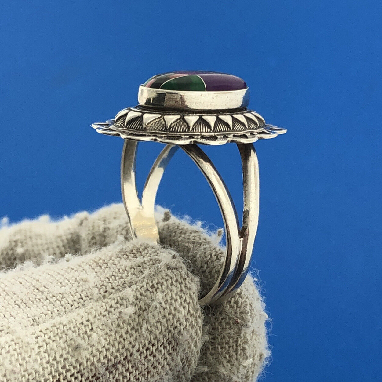 Native American Signed R.B. 925 Sterling Silver Mixed Gemstone Inlay Concho Ring