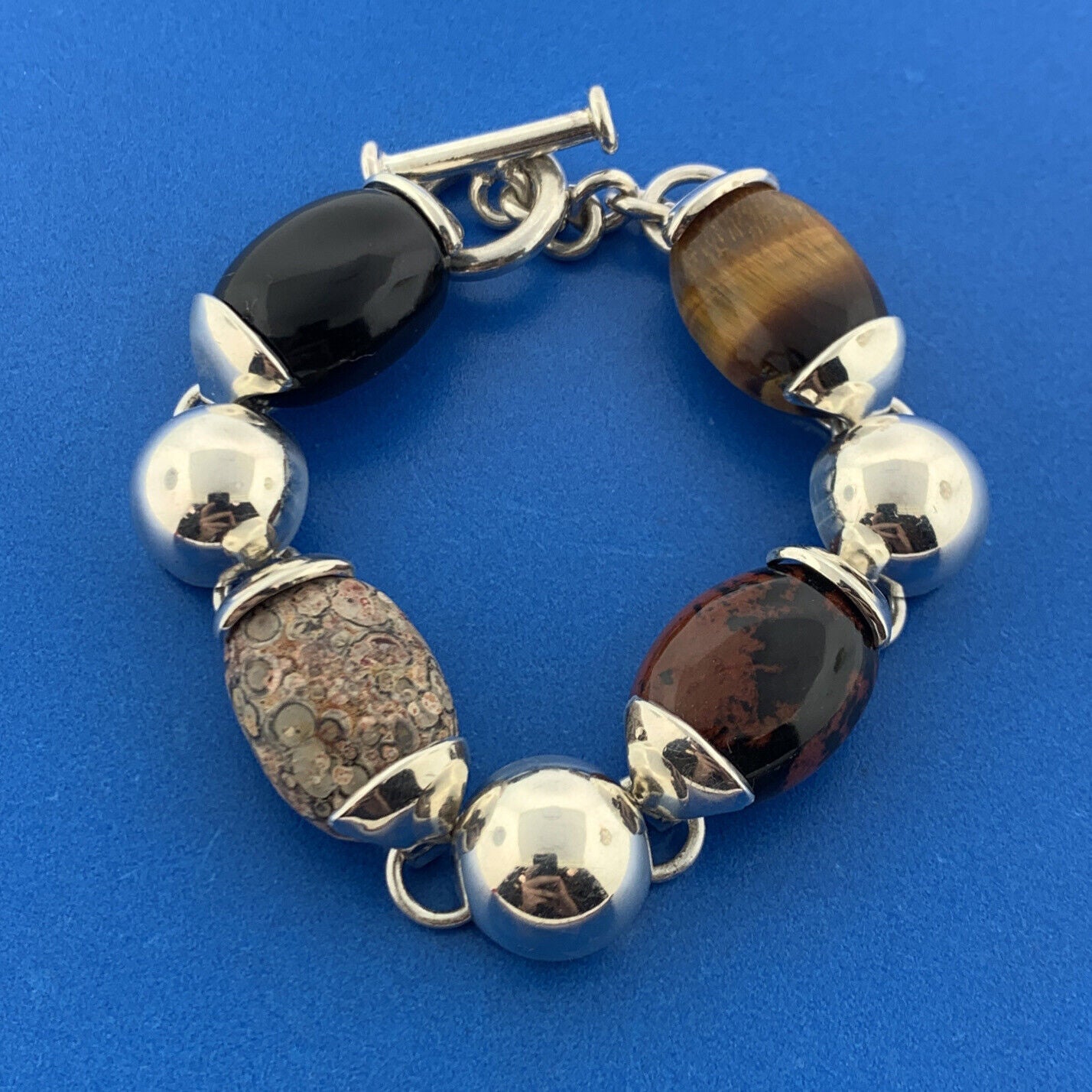Stunning Mexican Sterling Silver 925 Oval Agate Jasper Onyx Quartz 7.5" Bracelet