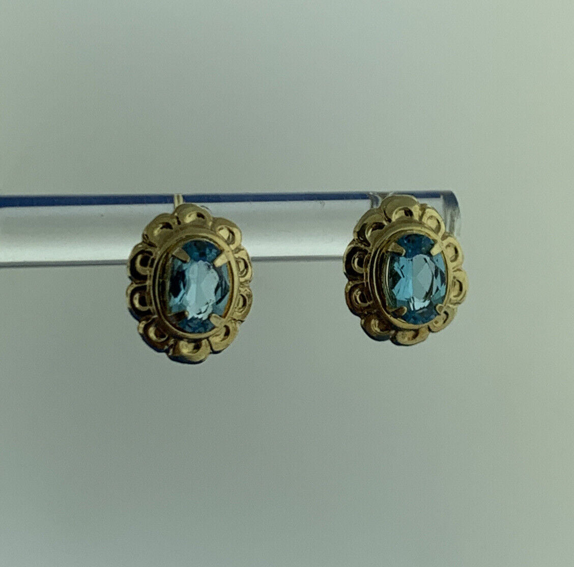 14K Yellow Gold Oval Blue Topaz December Floral Statement Stud Earrings