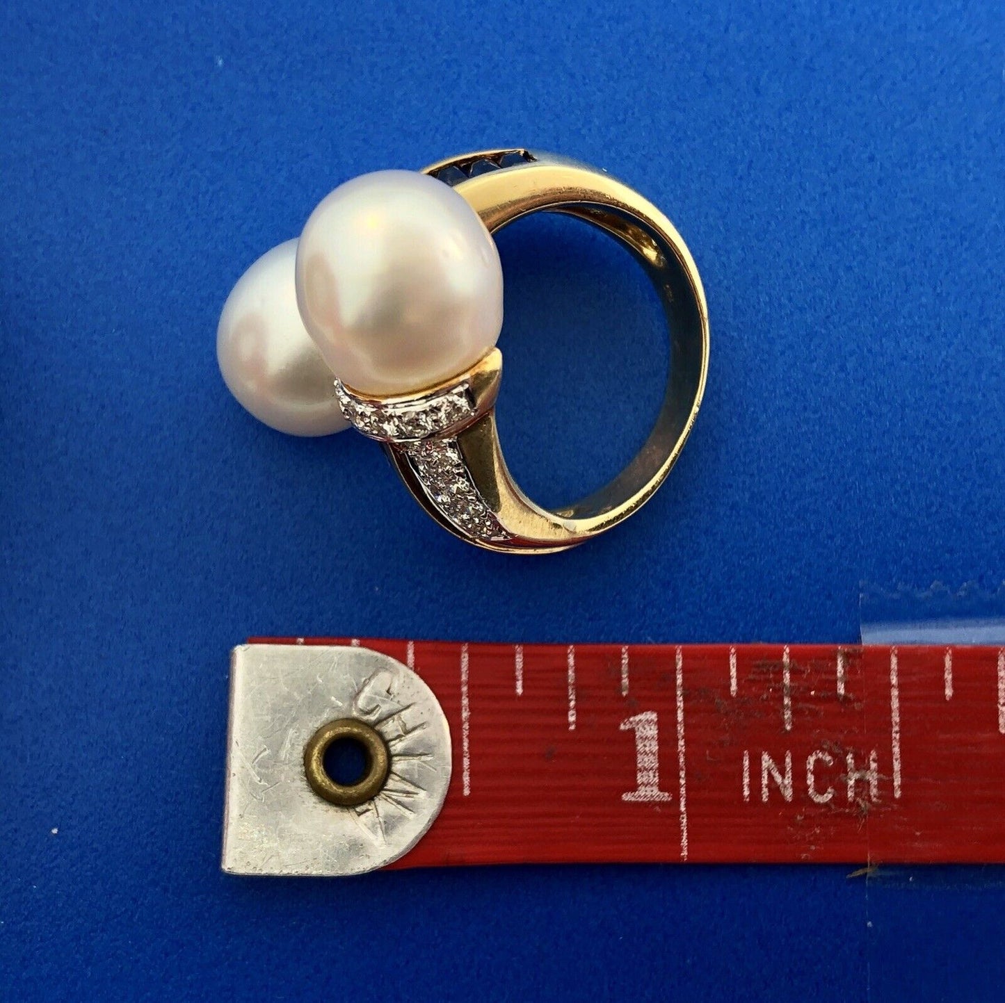 Estate 18K Yellow Gold Diamond Sapphire Pearl Bypass Cocktail Dinner Ring