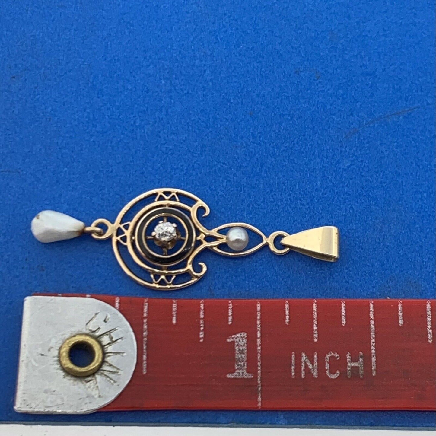 Art Nouveau 10K Yellow Gold Diamond Pearl Black Enamel Drop Dangle Pendant