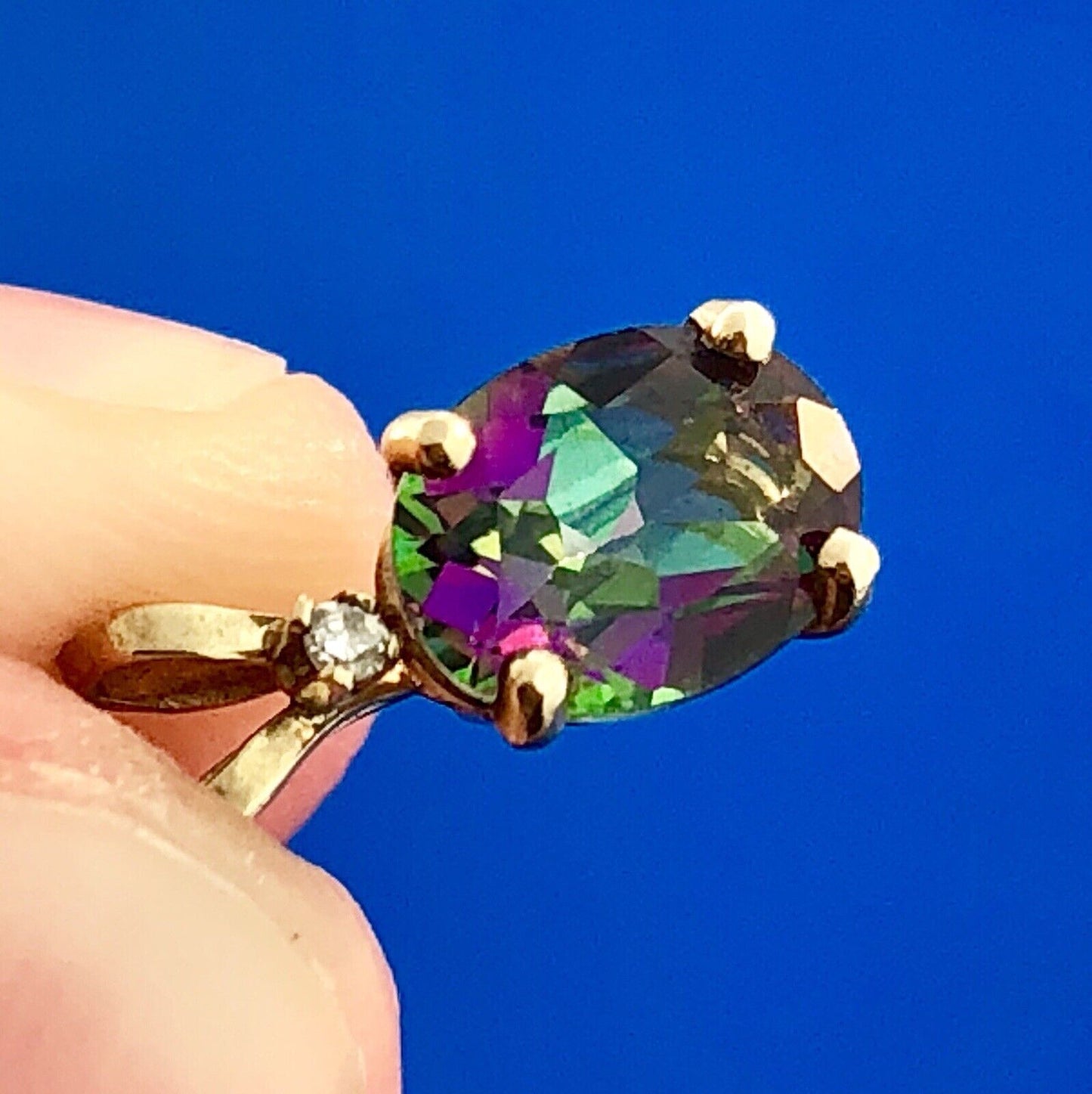 Designer 10k Yellow Gold Oval Mystic Topaz Diamond Accented Pendant