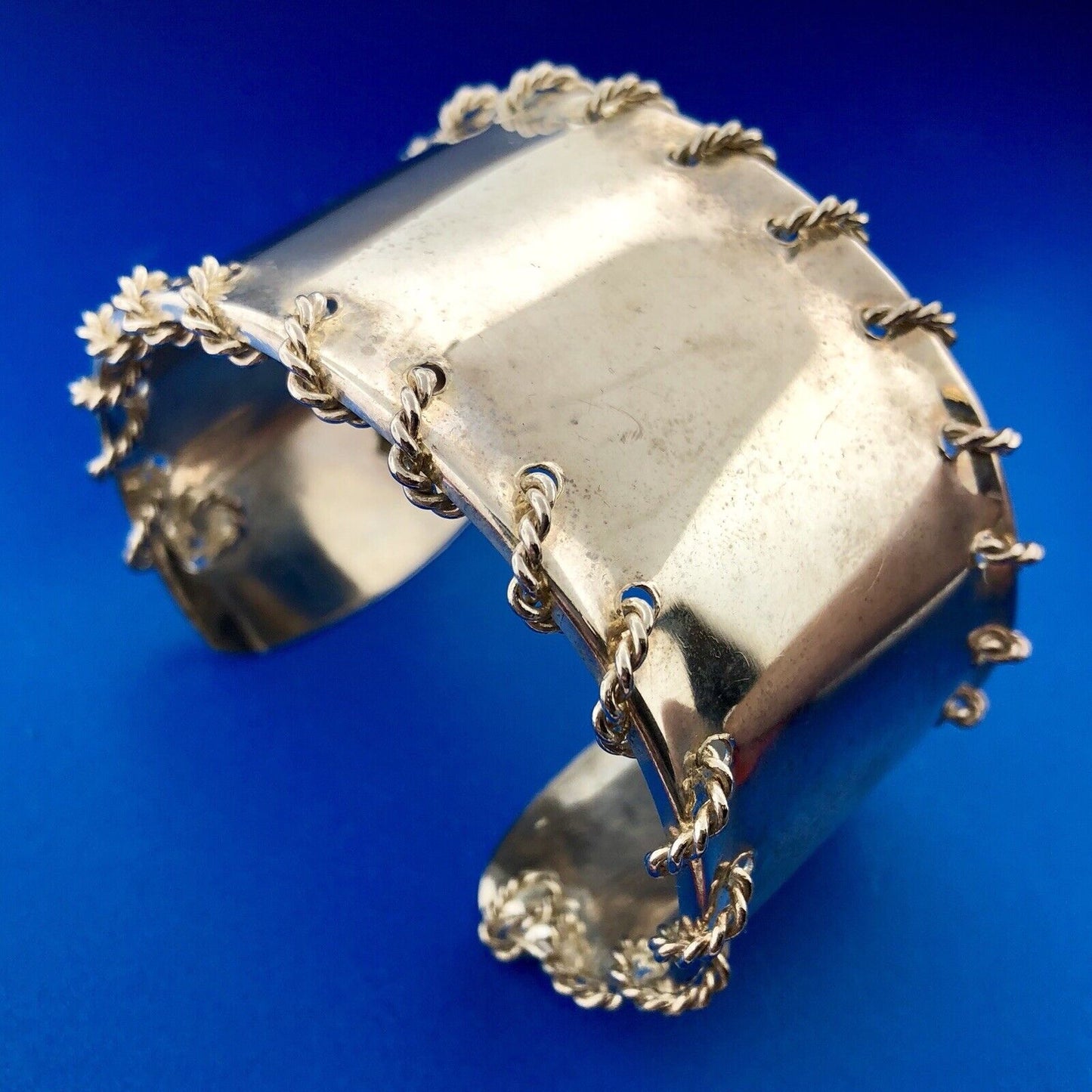 Modernist Silver Tone Twisted Wire Wrapped Polished Statement Cuff Bracelet