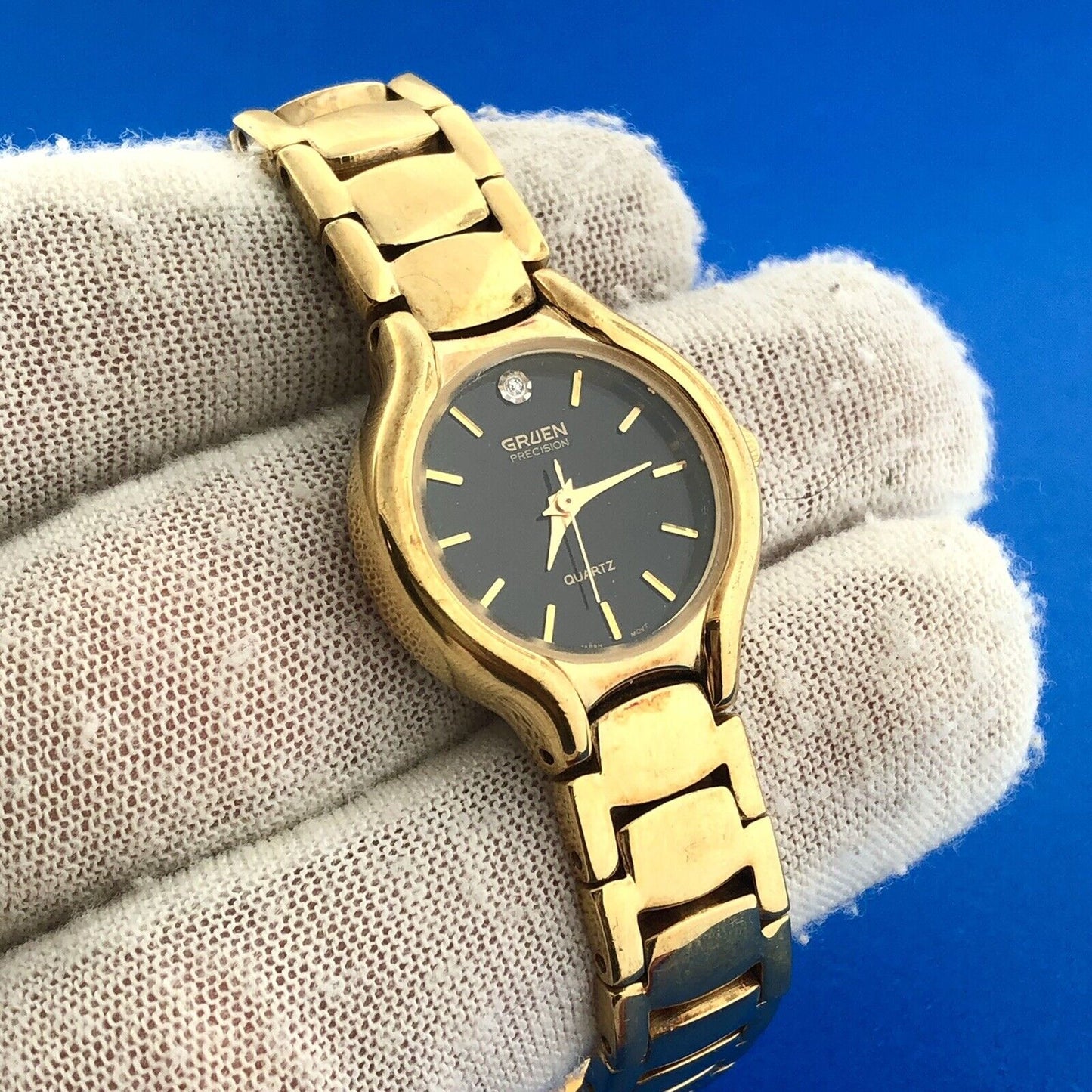 Gruen Precision Gold Tone Stainless Steel Diamond Accented Vintage Ladies Watch