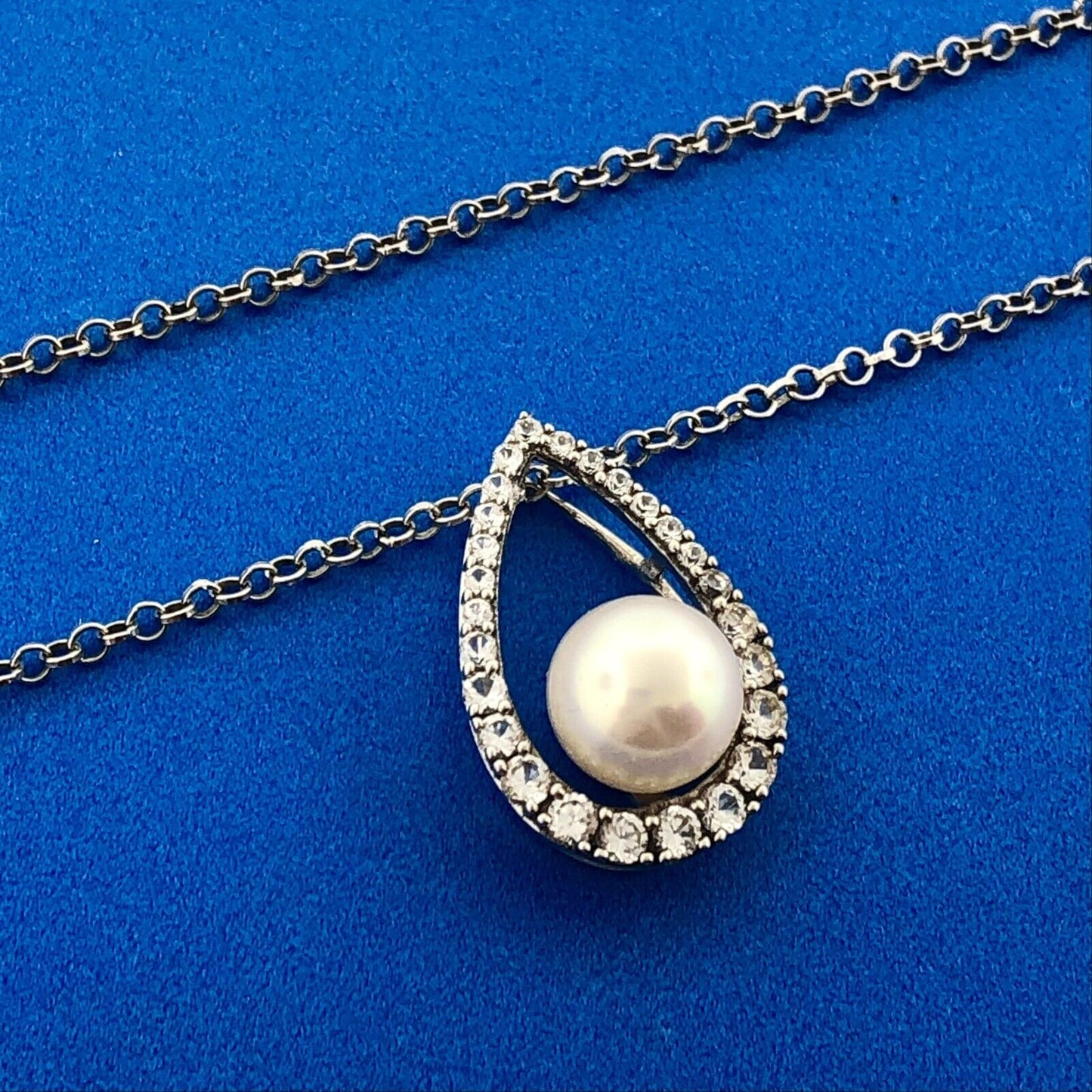 Designer Sterling Silver Pearl Diamond Bridal Perfect Pear Drop Pendant Necklace