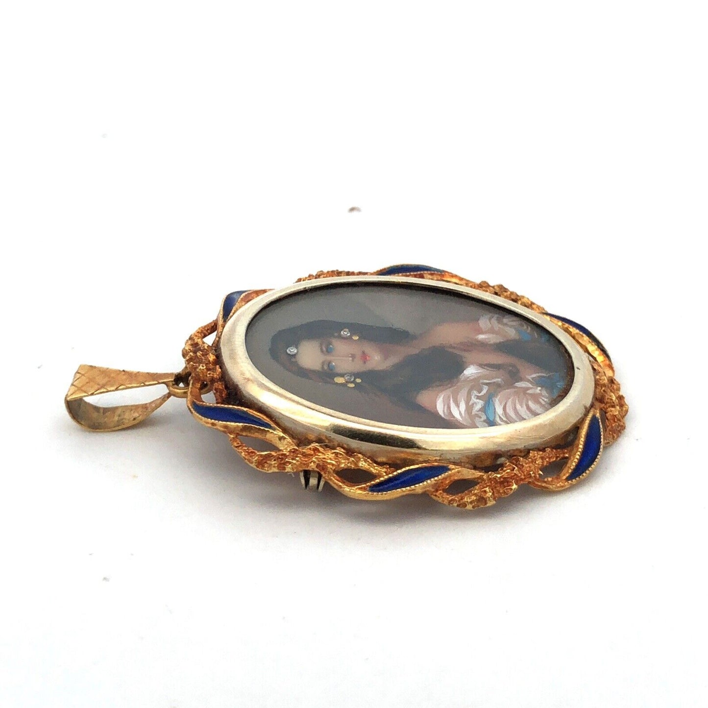 Victorian VIC 18K Yellow Gold Diamond Enamel Painted Portrait Pendant Brooch