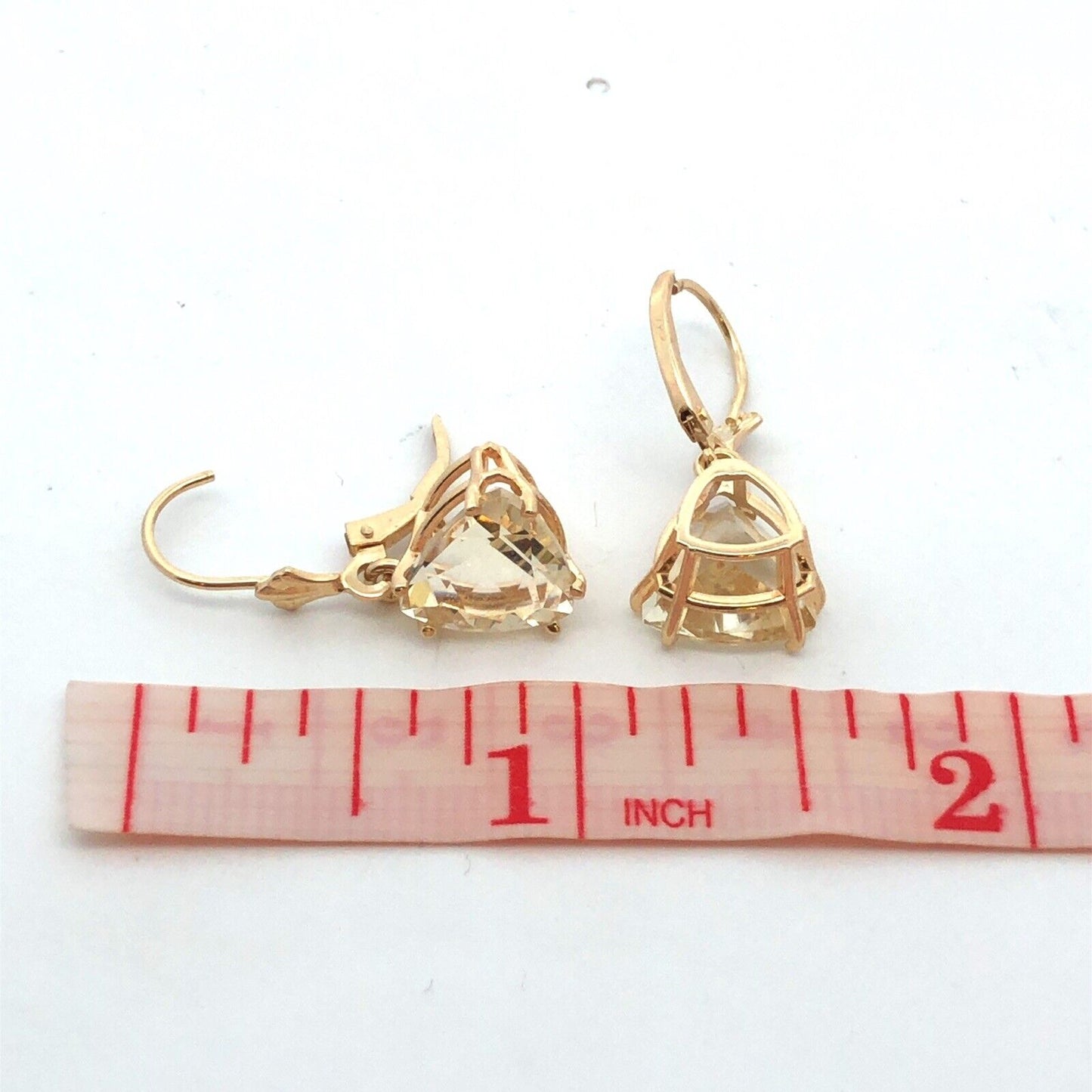 14K Yellow Gold Designer Trillion Honey Lemon Quartz Leverback Dangle Earrings