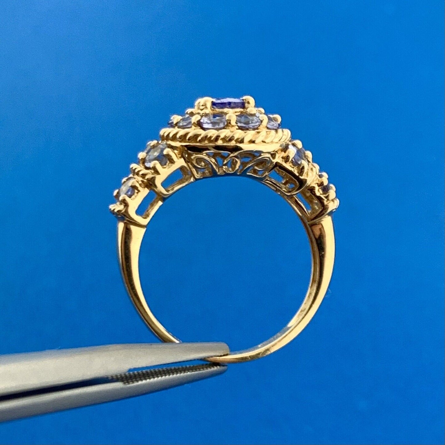 Designer 14K Yellow Gold Tanzanite Cluster December Anniversary Ring