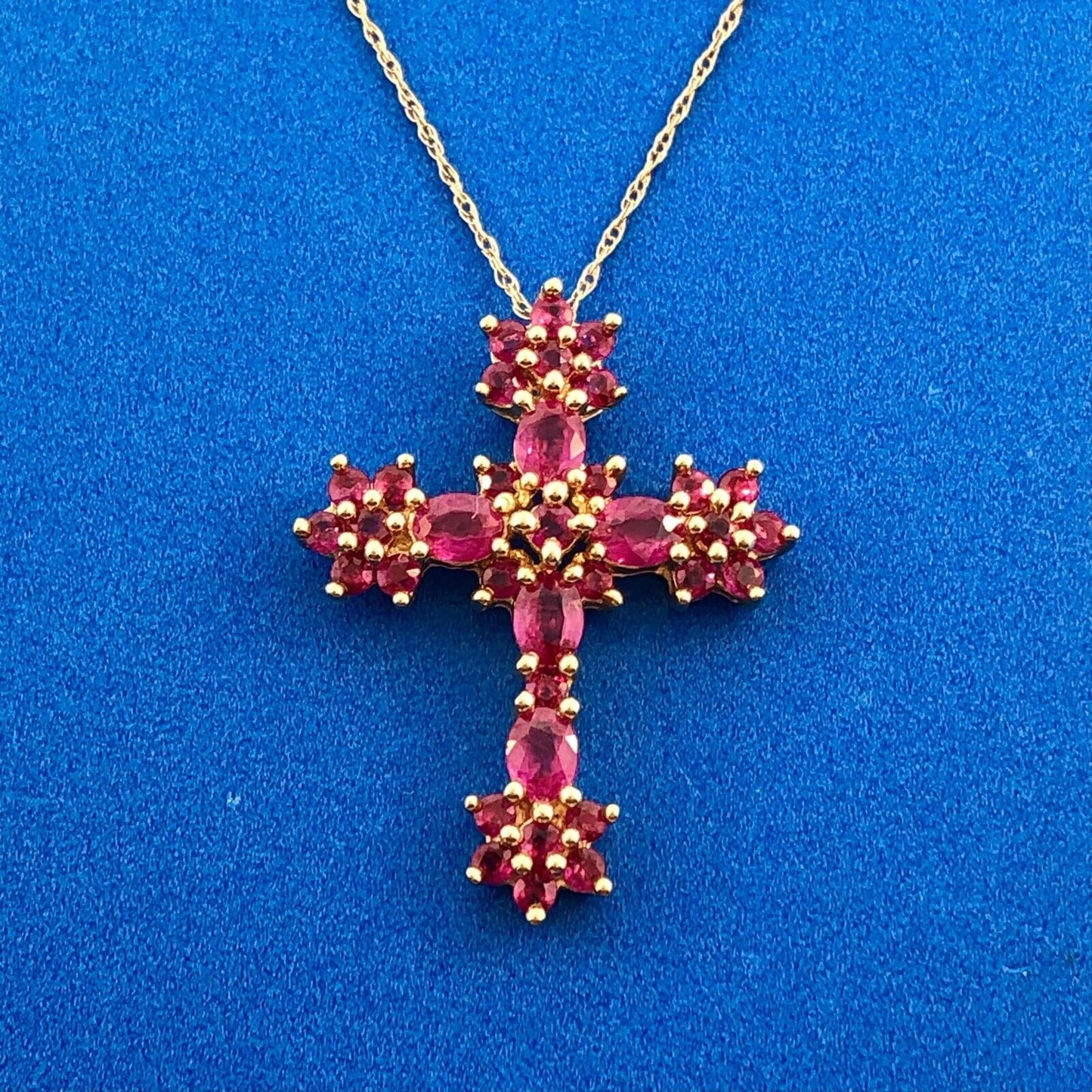 Designer 14k Yellow Gold Round Oval Cut Ruby Religious Cross Communion Necklace