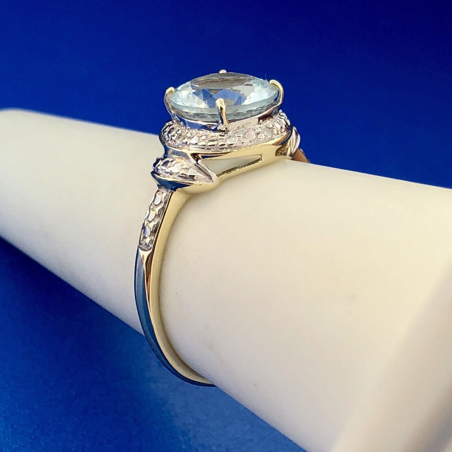 Designer 10K Yellow White Gold Aquamarine Diamond Accent March Anniversary Ring