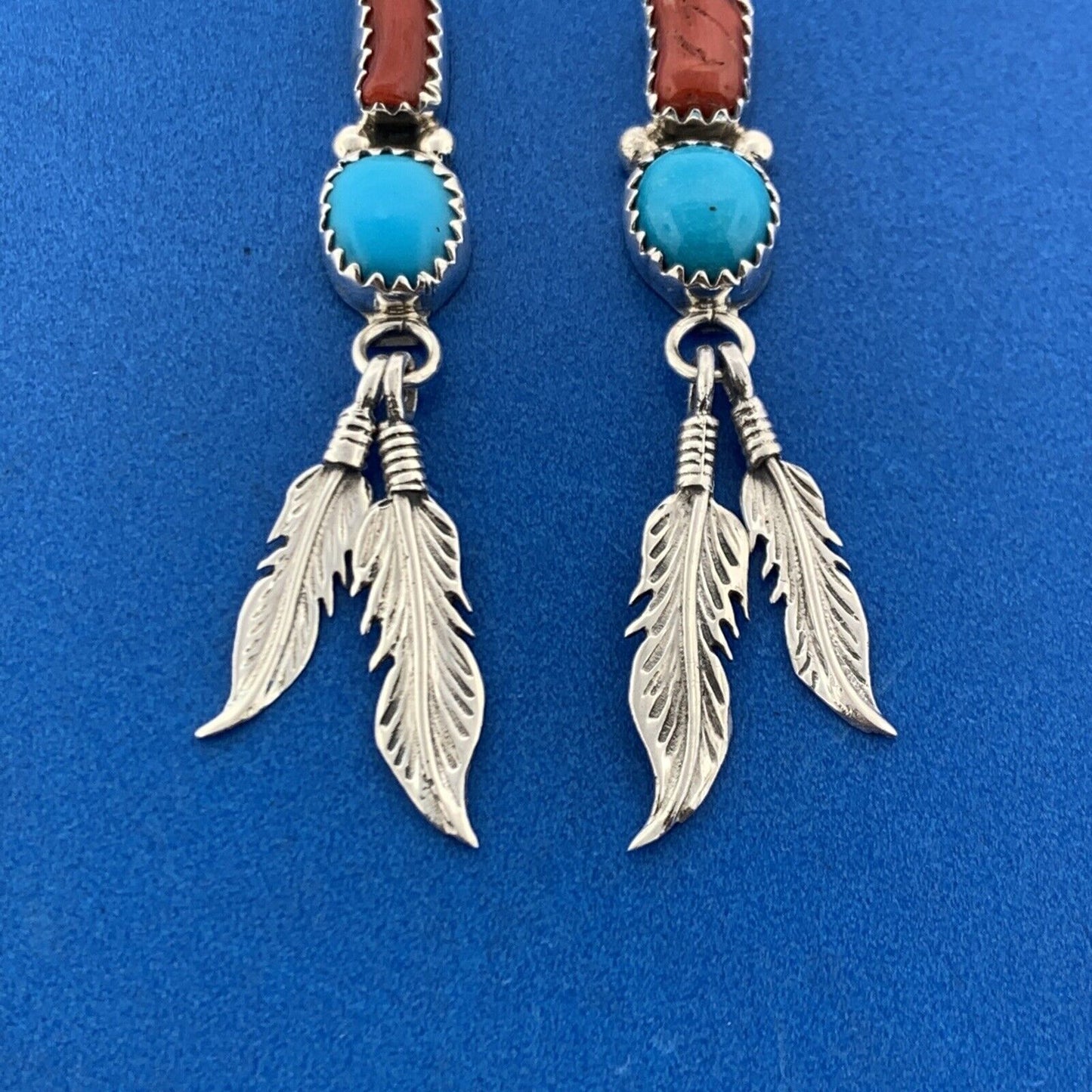 Running Bear Shop Native American 925 Sterling Silver Turquoise Coral Earrings