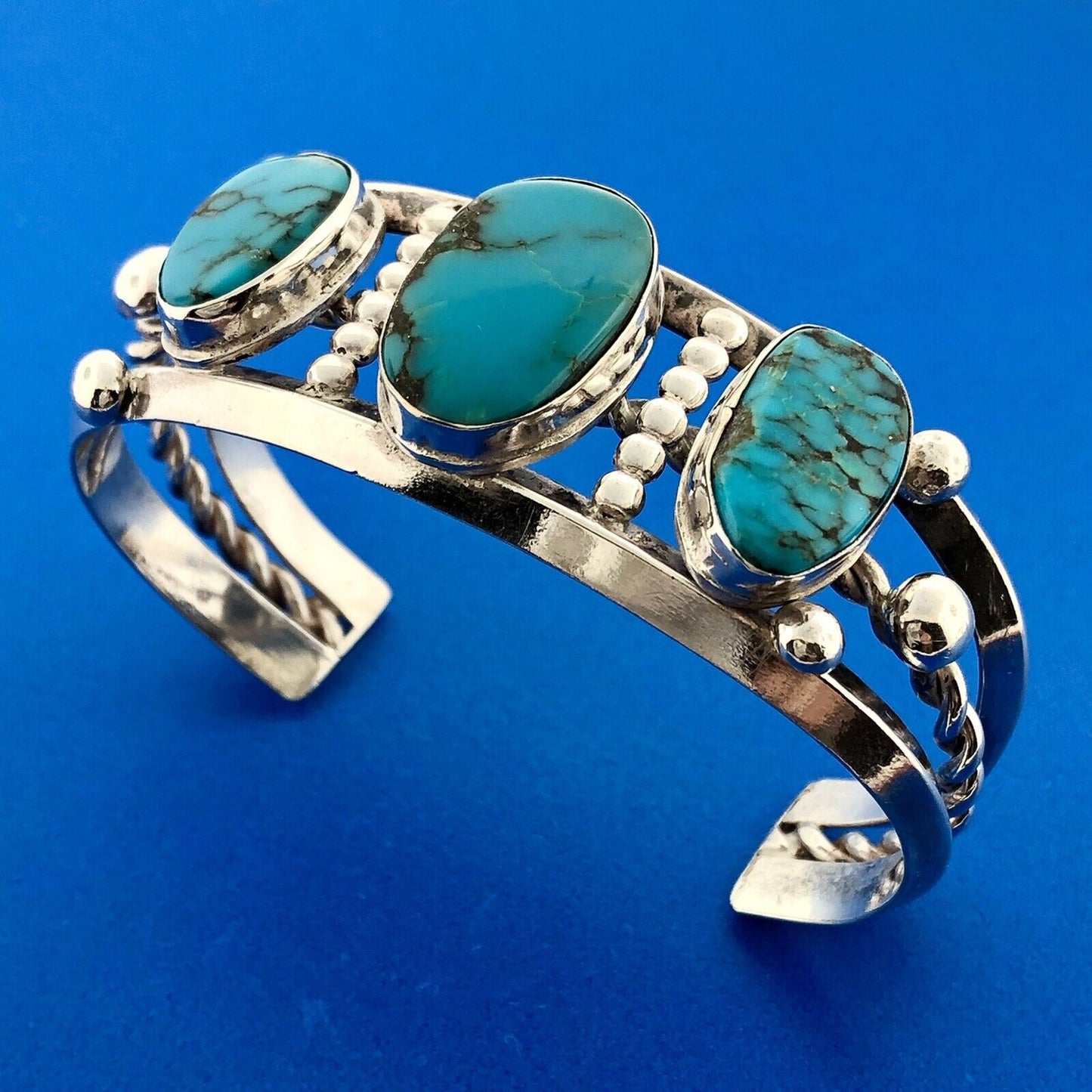 Estate Native American Sterling Silver Turquoise Chunky Cabochon Cuff Bracelet