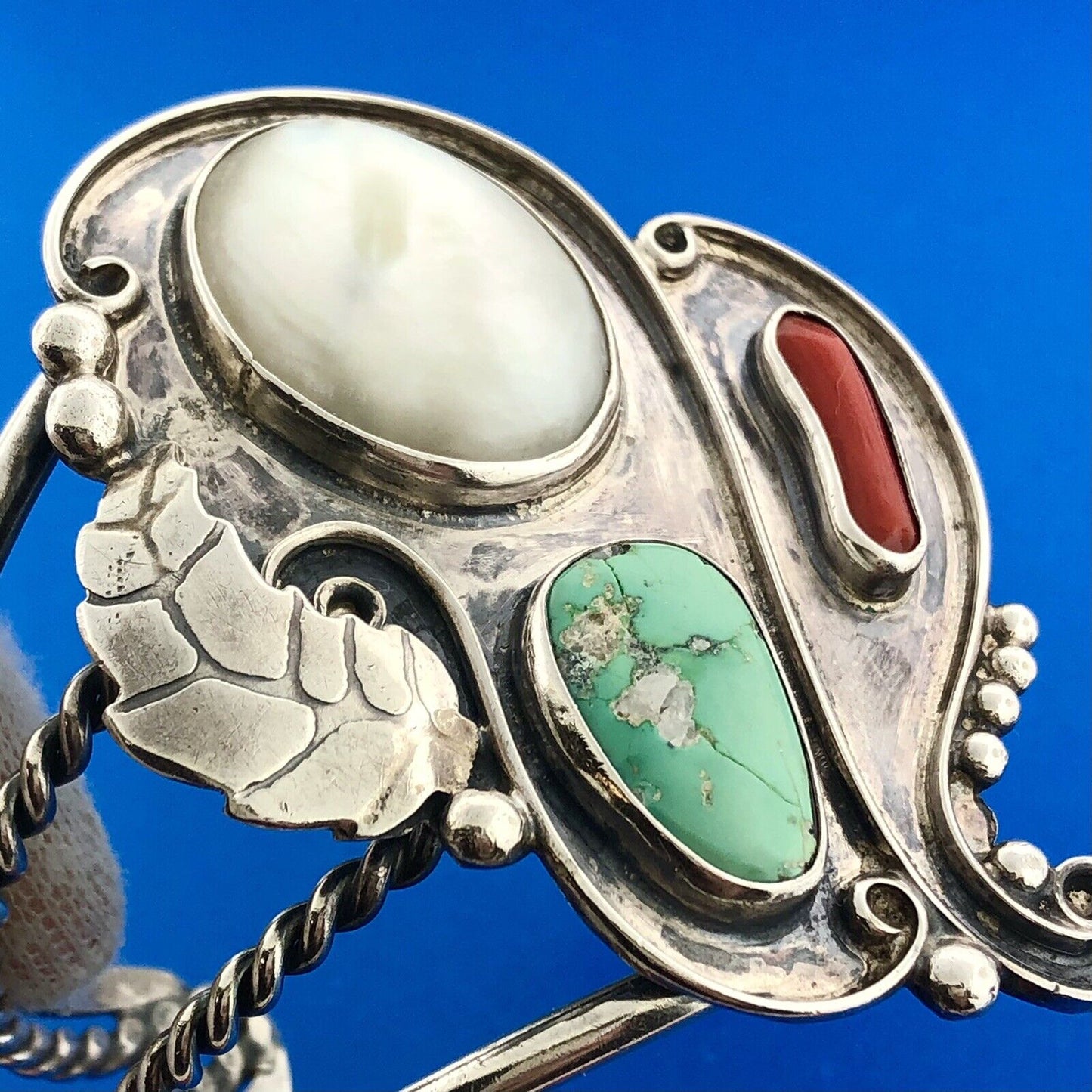 Sterling Silver 925 Mother Of Pearl Turquoise Coral Squash Blossom Cuff Bracelet