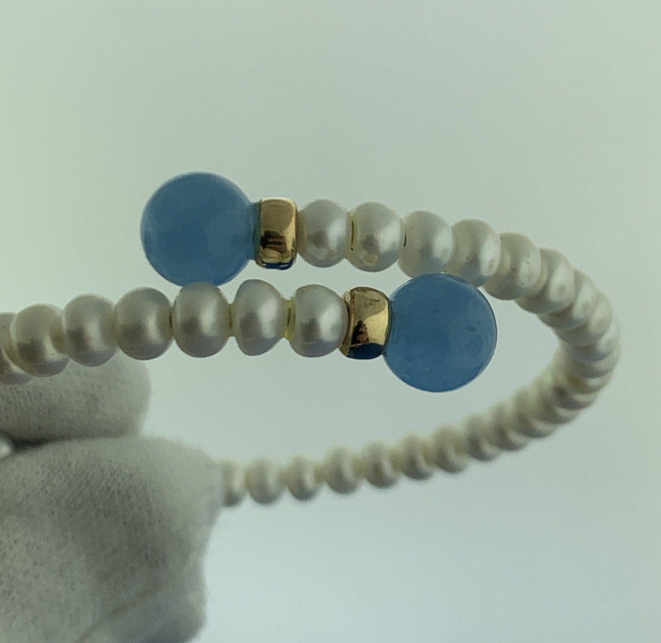 Elegant 14K Yellow Gold Pearl Chalcedony Gold Bead Something Blue Wrap Bracelet
