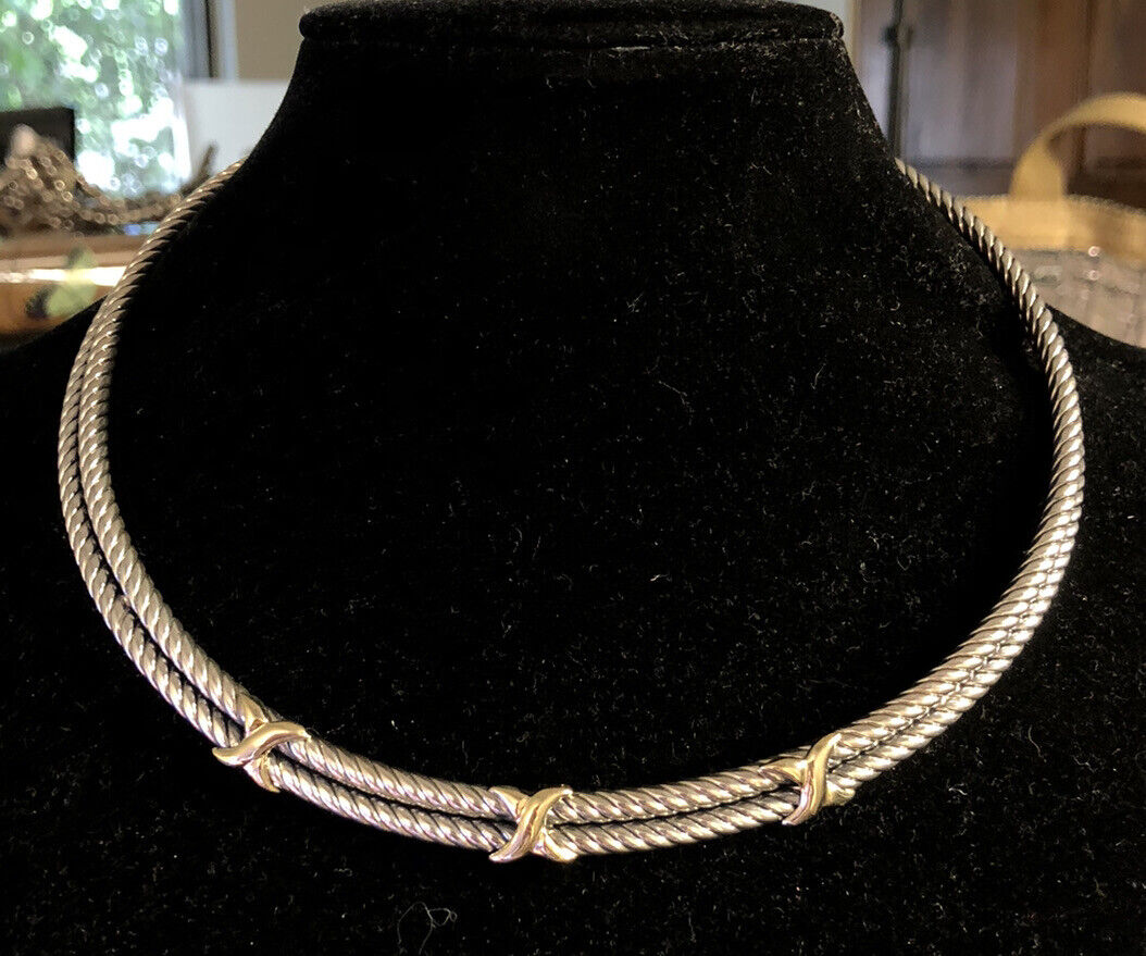 Designer 925 Sterling Silver 14K Gold Twist X Two Tone Collar Necklace