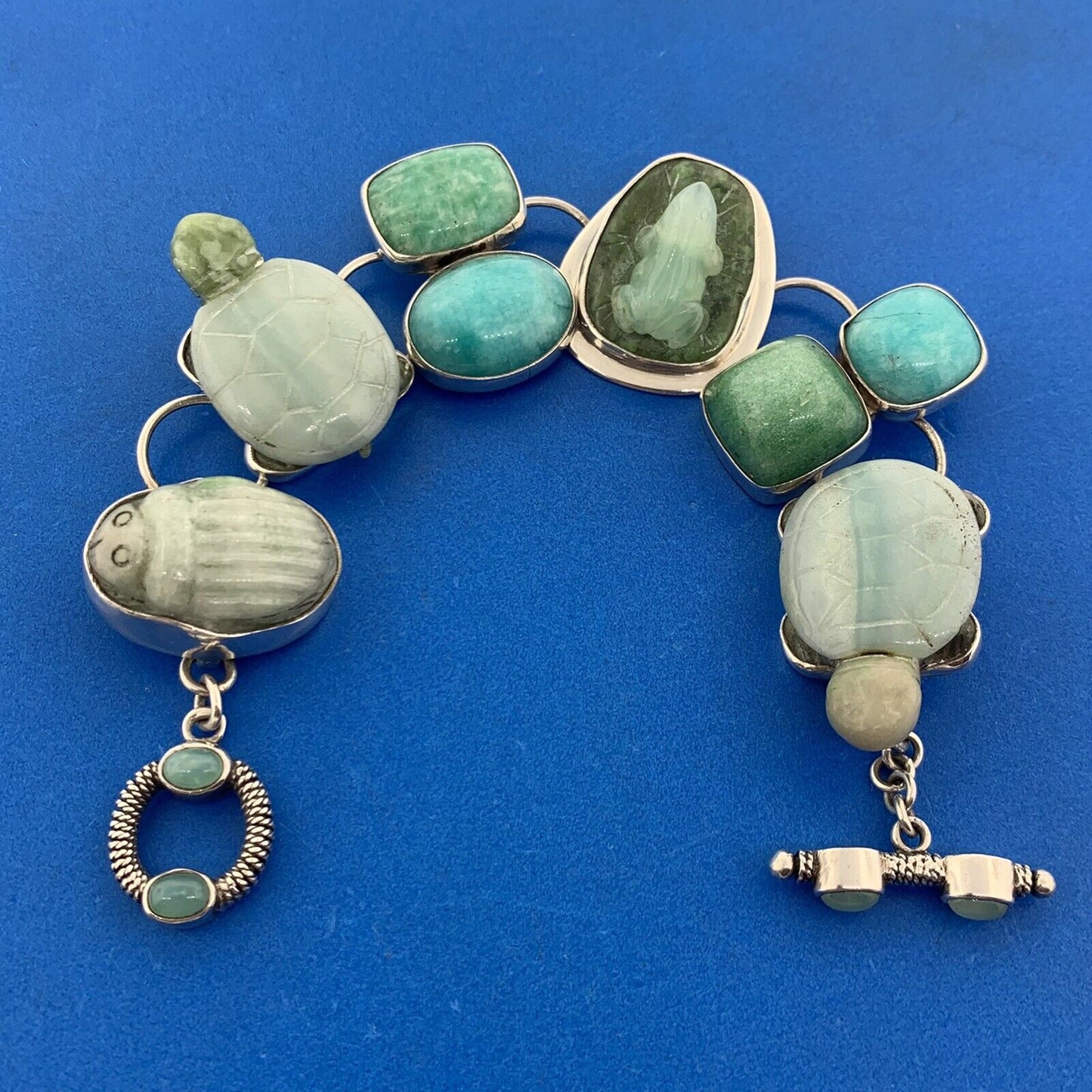 Amy Kahn Russell 925 Sterling Silver Mixed Carved Gemstone Statement Bracelet