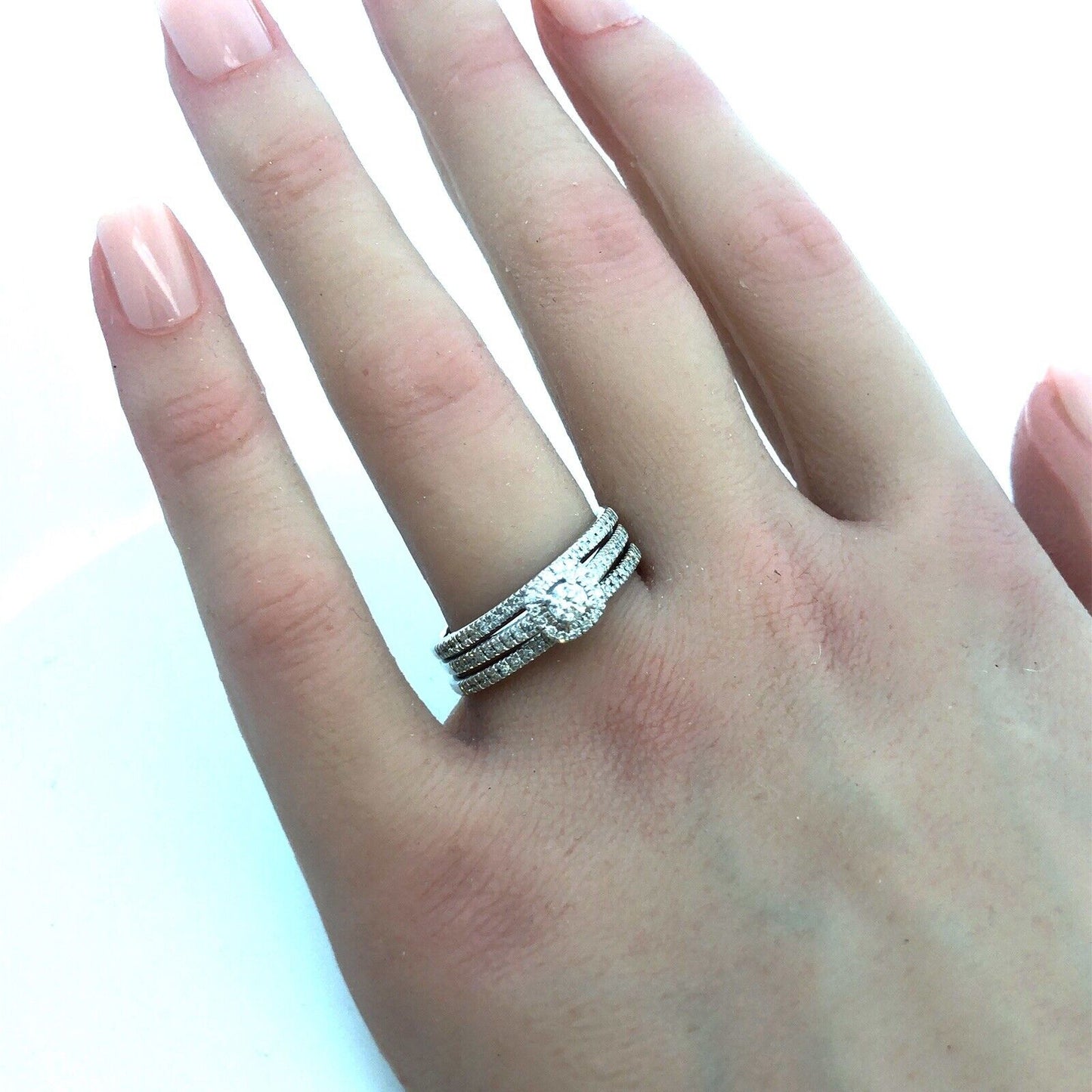 Beautiful 14k White Gold Round Diamond Trio Set Engagement Wedding Ring