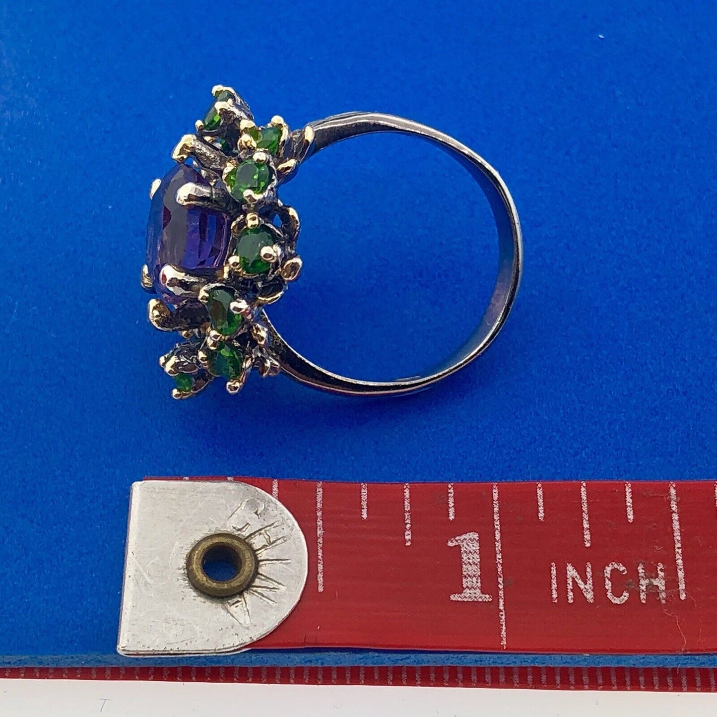 Fabulous 925 Sterling Silver Amethyst Solitaire Green Garnet Halo Cluster Ring