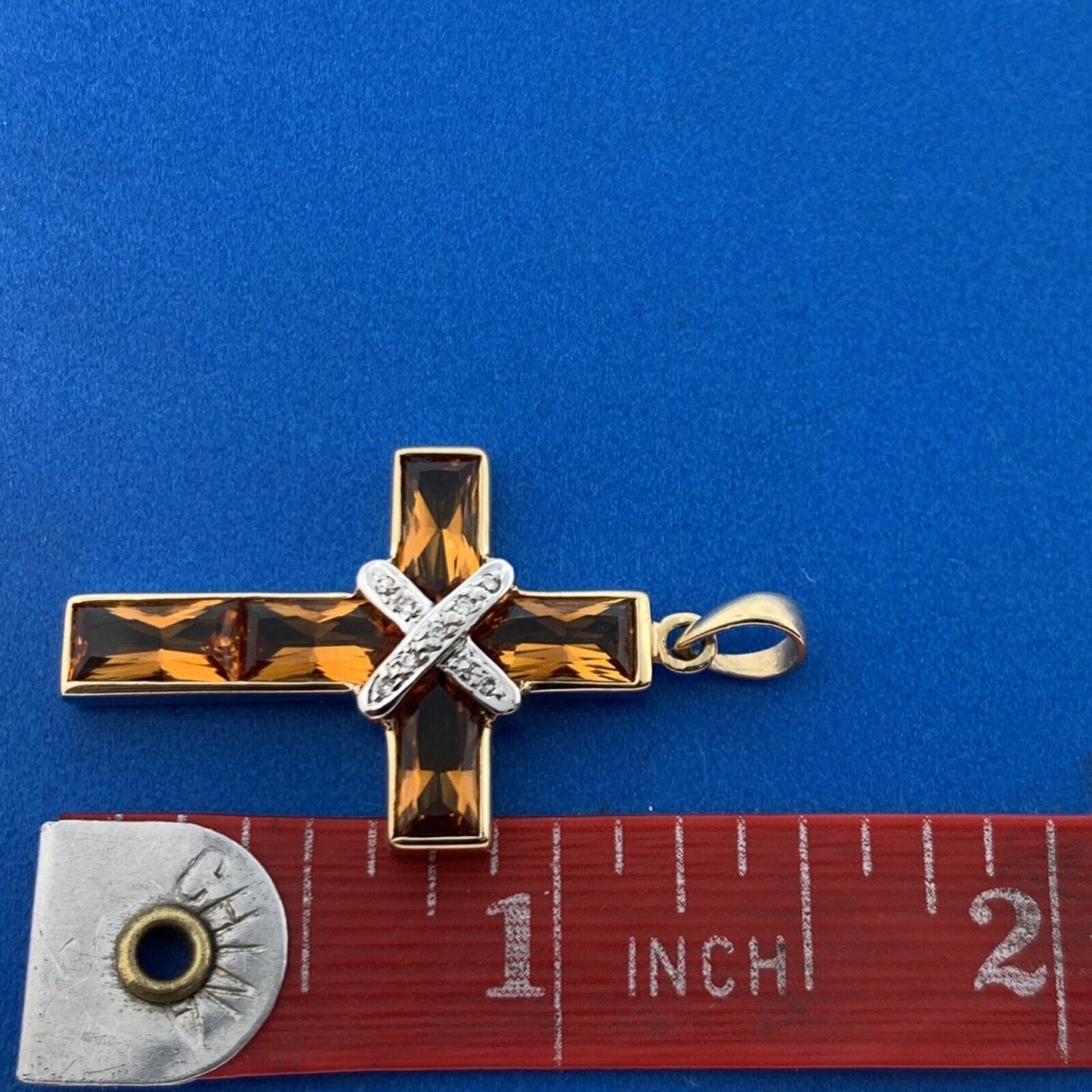 Designer 14K Yellow White Gold Citrine Diamond Accented Statement Cross Pendant