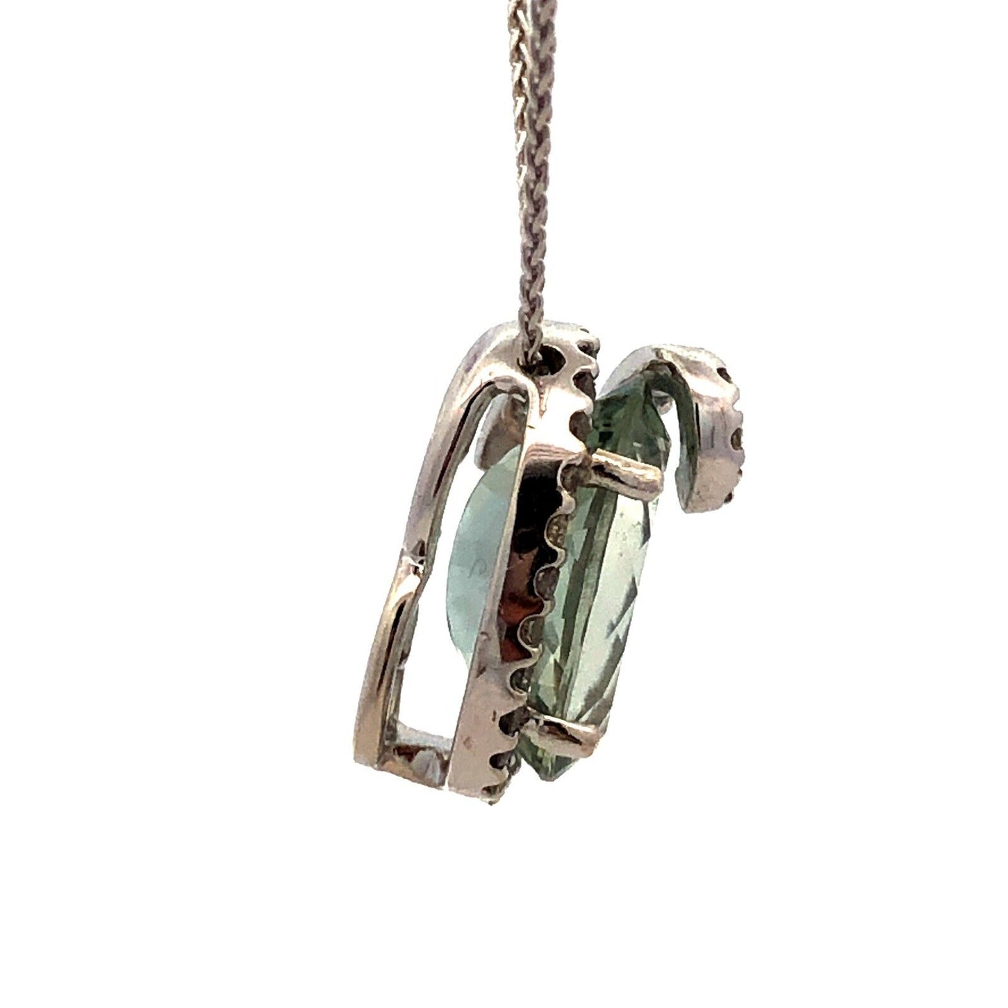 Designer SG 14K White Gold Oval Green Amethyst Diamond Swirl Pendant Necklace