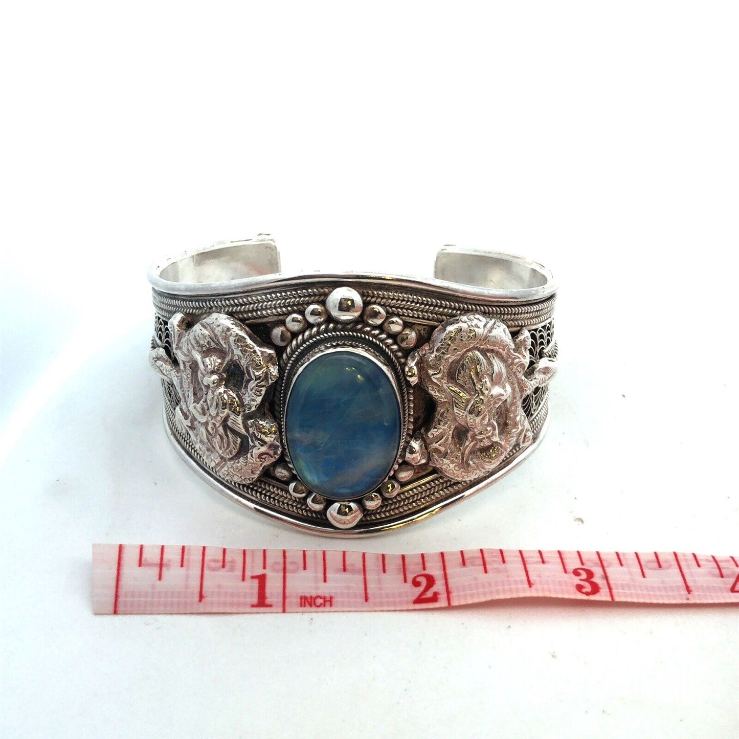 925 Sterling Silver Blue Opal Dragon Filigree Detailed Wide Cuff Bracelet