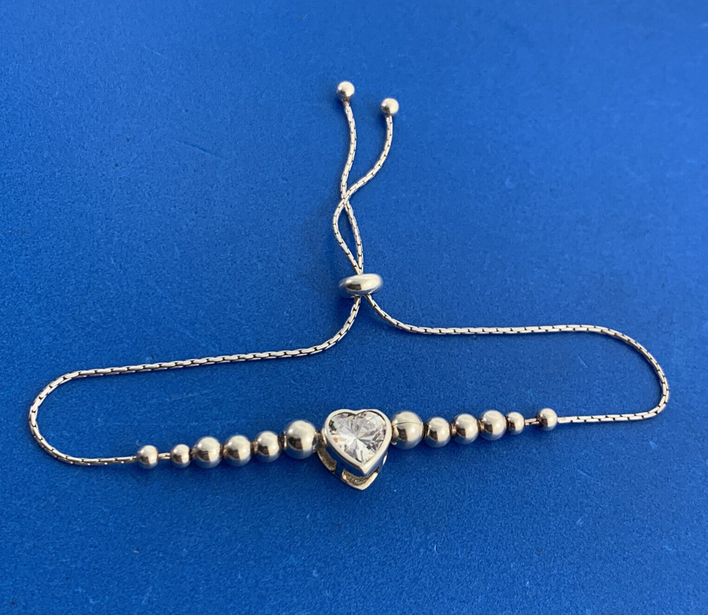 Cubic Zirconia Heart Charm 925 Sterling Silver Beaded Adjustable Bracelet