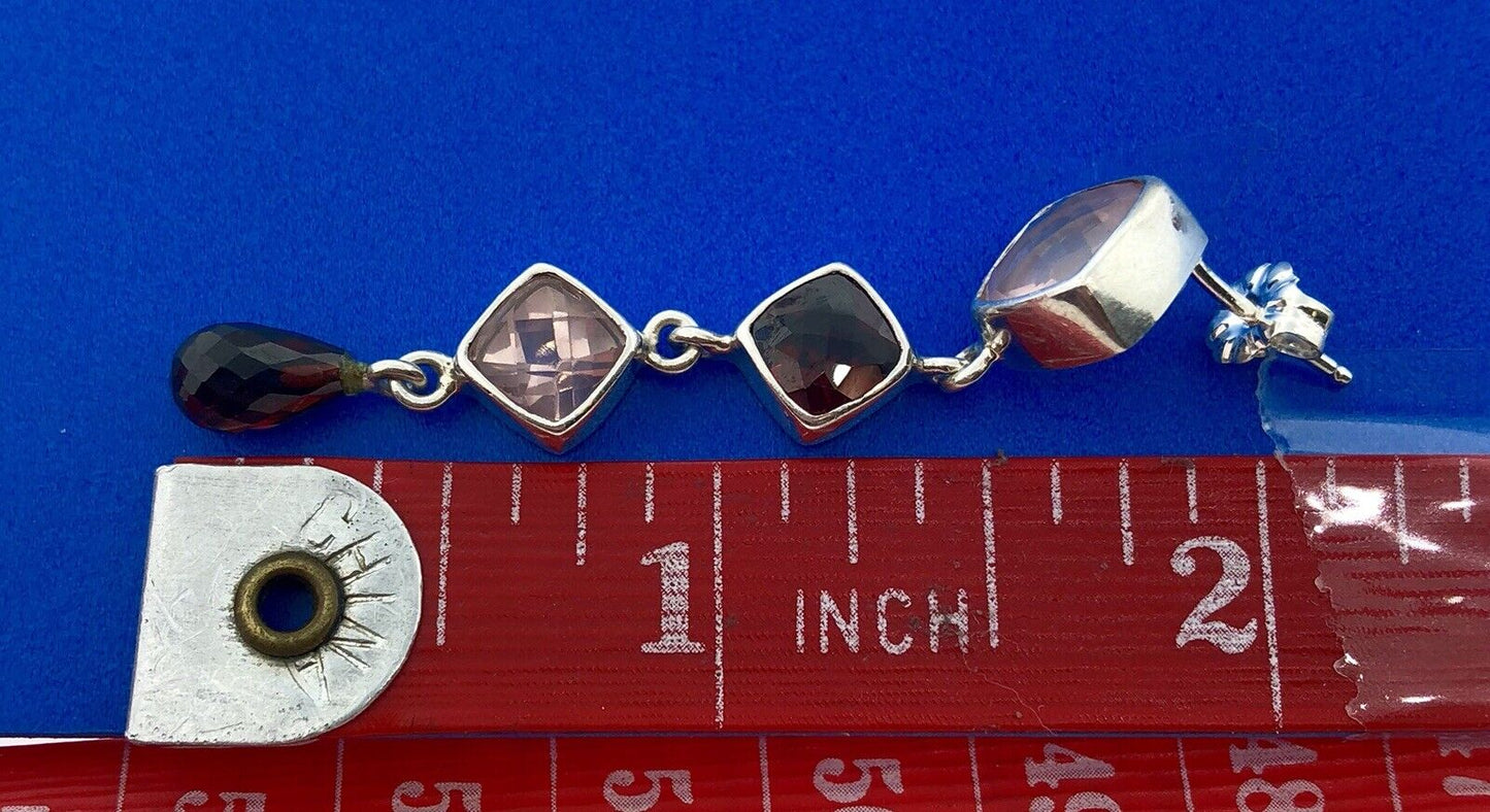 Sterling Silver 925 Garnet Rose Quartz January Drop Dangle Statement Earrings