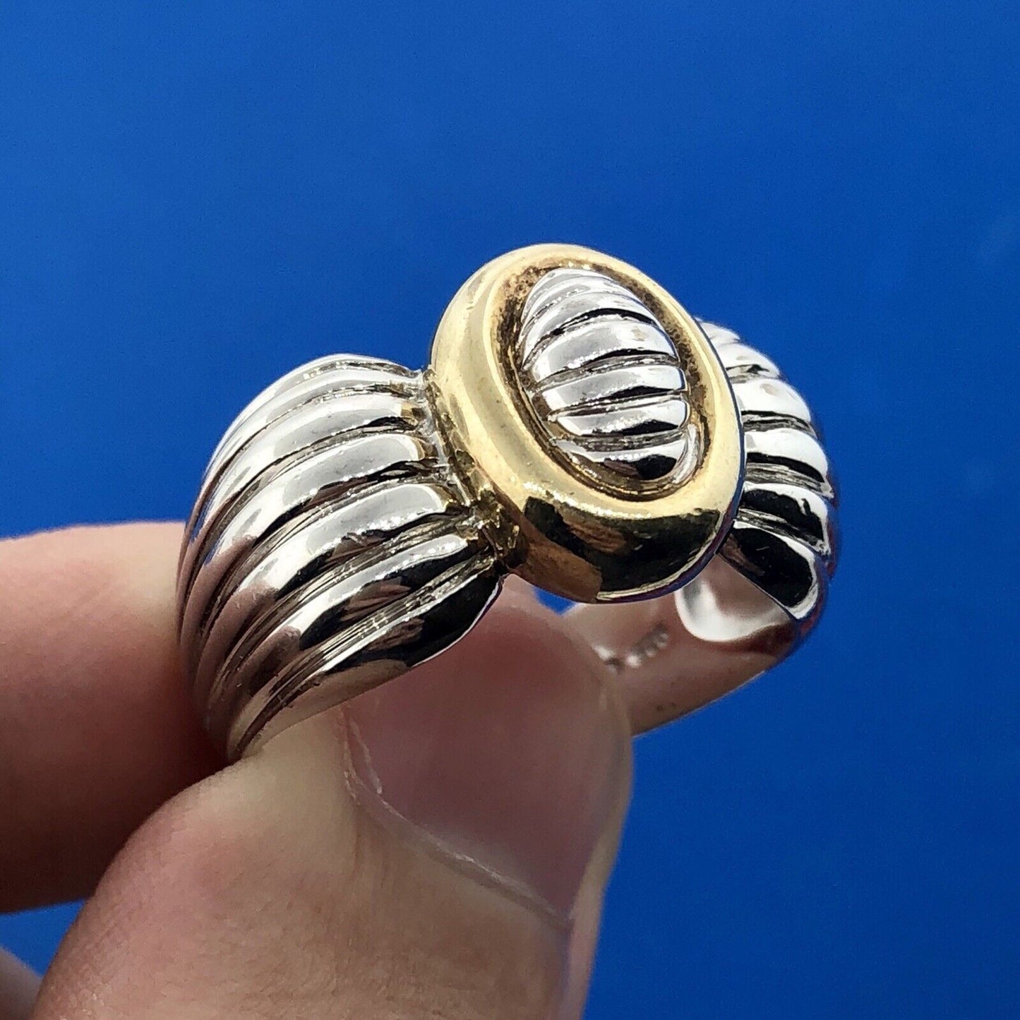 Vintage CNA Sterling Silver 925 Two Toned Modernist Ribbed Knot Cigar Band Ring