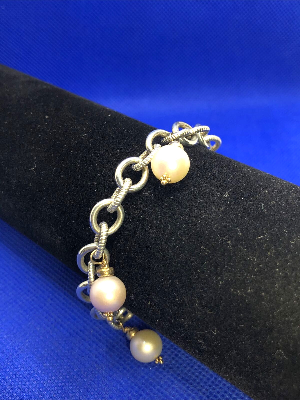 Estate 925 Sterling Silver 14K Gold Accented Pearl Charm Toggle Bracelet