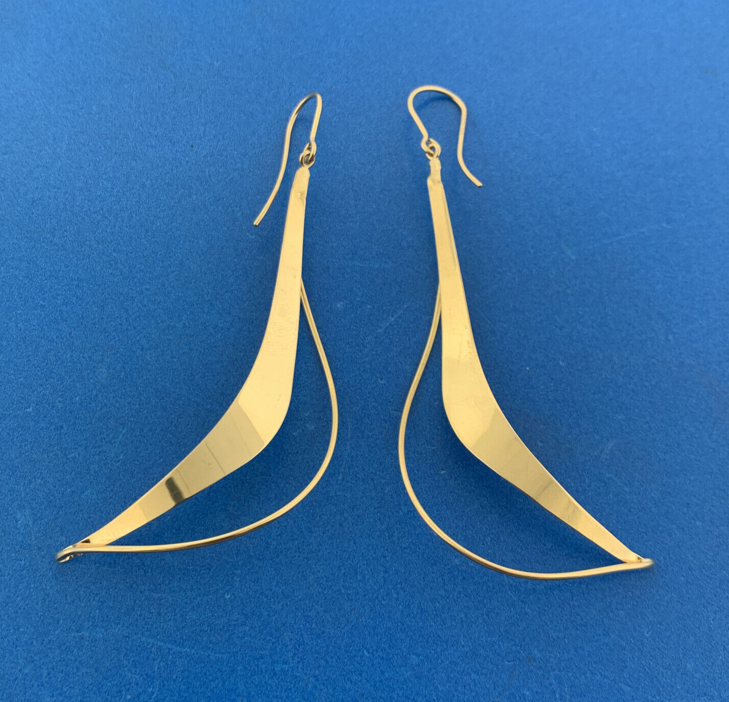 Designer NABCO 14K Yellow Gold Modernist Open Wave Statement Dangle Earrings