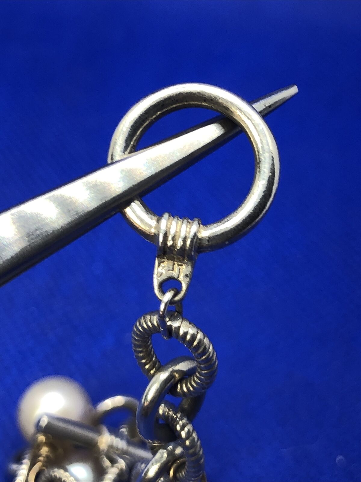 Estate 925 Sterling Silver 14K Gold Accented Pearl Charm Toggle Bracelet