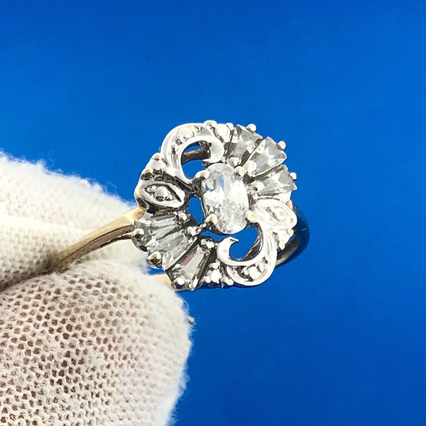 Estate 10K Yellow White Gold Oval CZ Baguette Accented Anniversary Ring