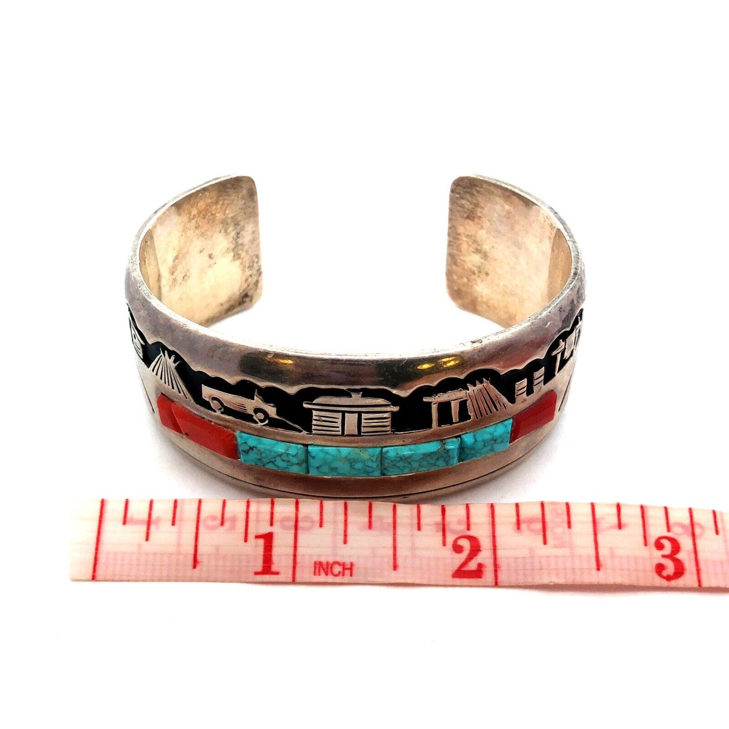 Alvin Begay Navajo 925 Sterling Silver Turquoise Coral Storyteller Cuff Bracelet