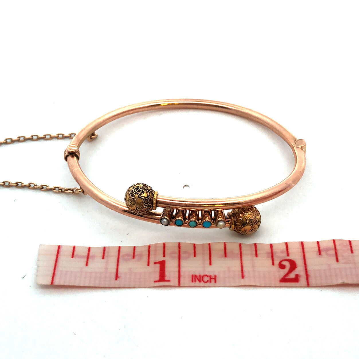 Vintage 10K Rose Gold Turquoise Pearl Textured Bypass Hinged Bangle Bracelet